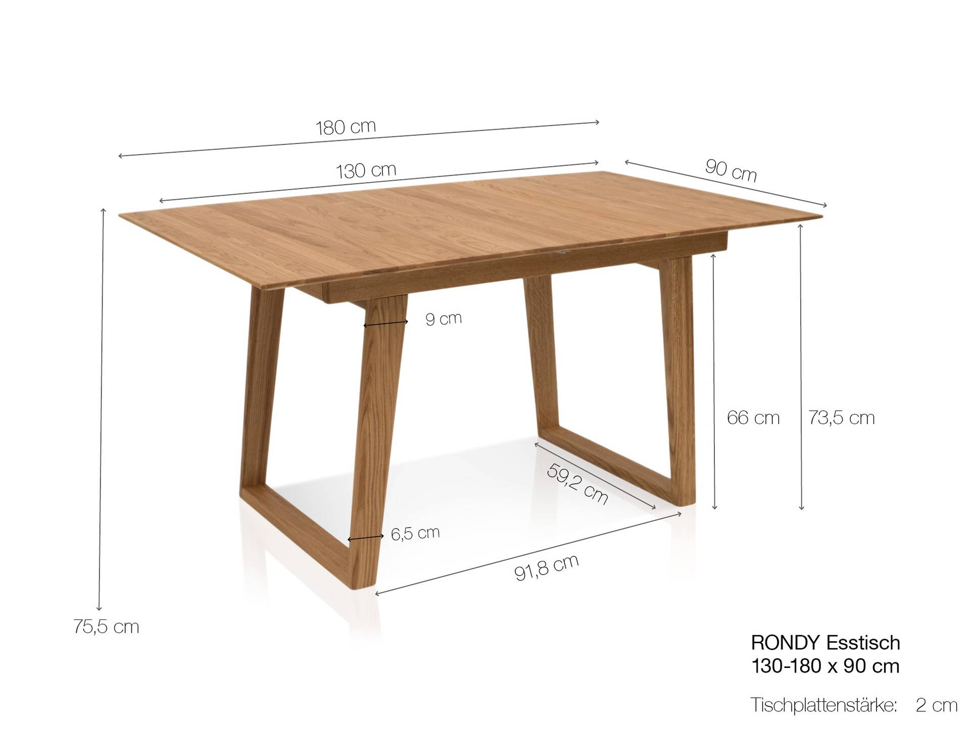 RONDY Esstisch / Ausziehtisch, Material Massivholz, Eiche geölt 130/180 x 90 cm