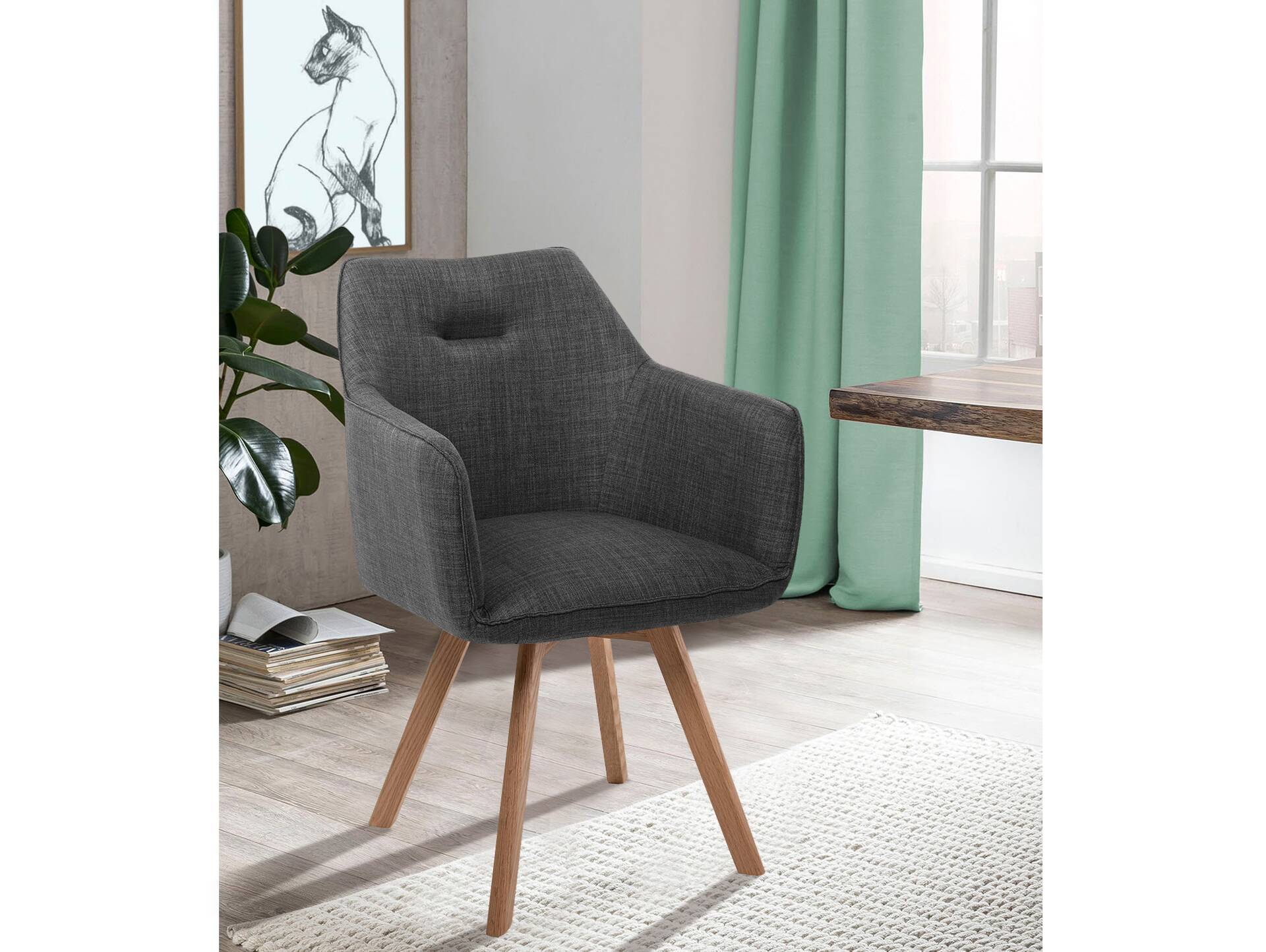 ROOKY 2er Set Schalenstuhl, Gestell Eiche massiv/Bezug Stoff grau | ohne Drehfunktion