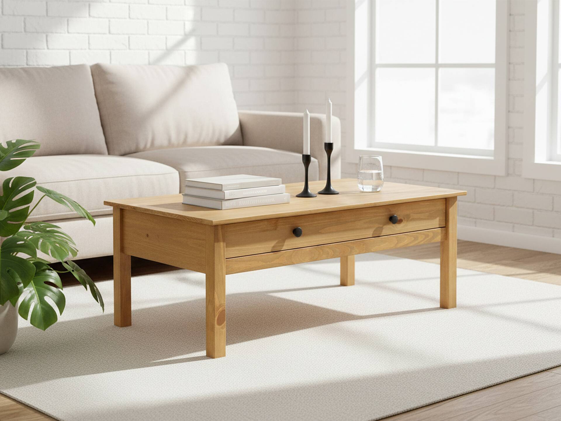 TOBINO Couchtisch mit Schublade,Material Massivholz, Kiefer Kiefer gewachst | Metall