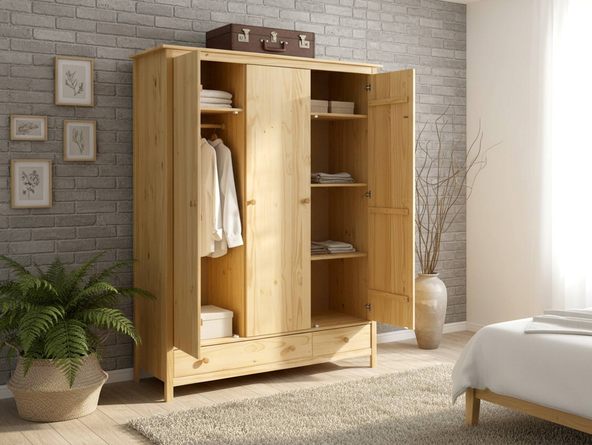 TOBINO Kleiderschrank 3trg, Material Massivholz, Kiefer Kiefer natur | Holz