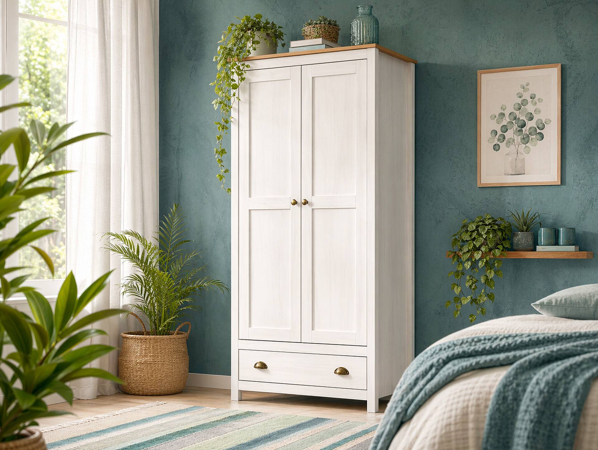 TRICO Kleiderschrank / Drehtürenschrank, Material Massivholz, Kiefer weiss/eichefarbig 2-türig