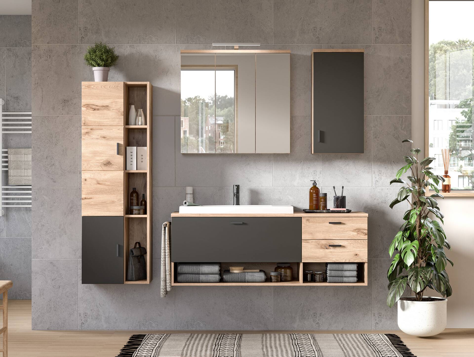 GOLDENBAY Waschtisch inkl. Becken, Material Dekorspanplatte, Nox Oak Nachbildung/Grau matt 