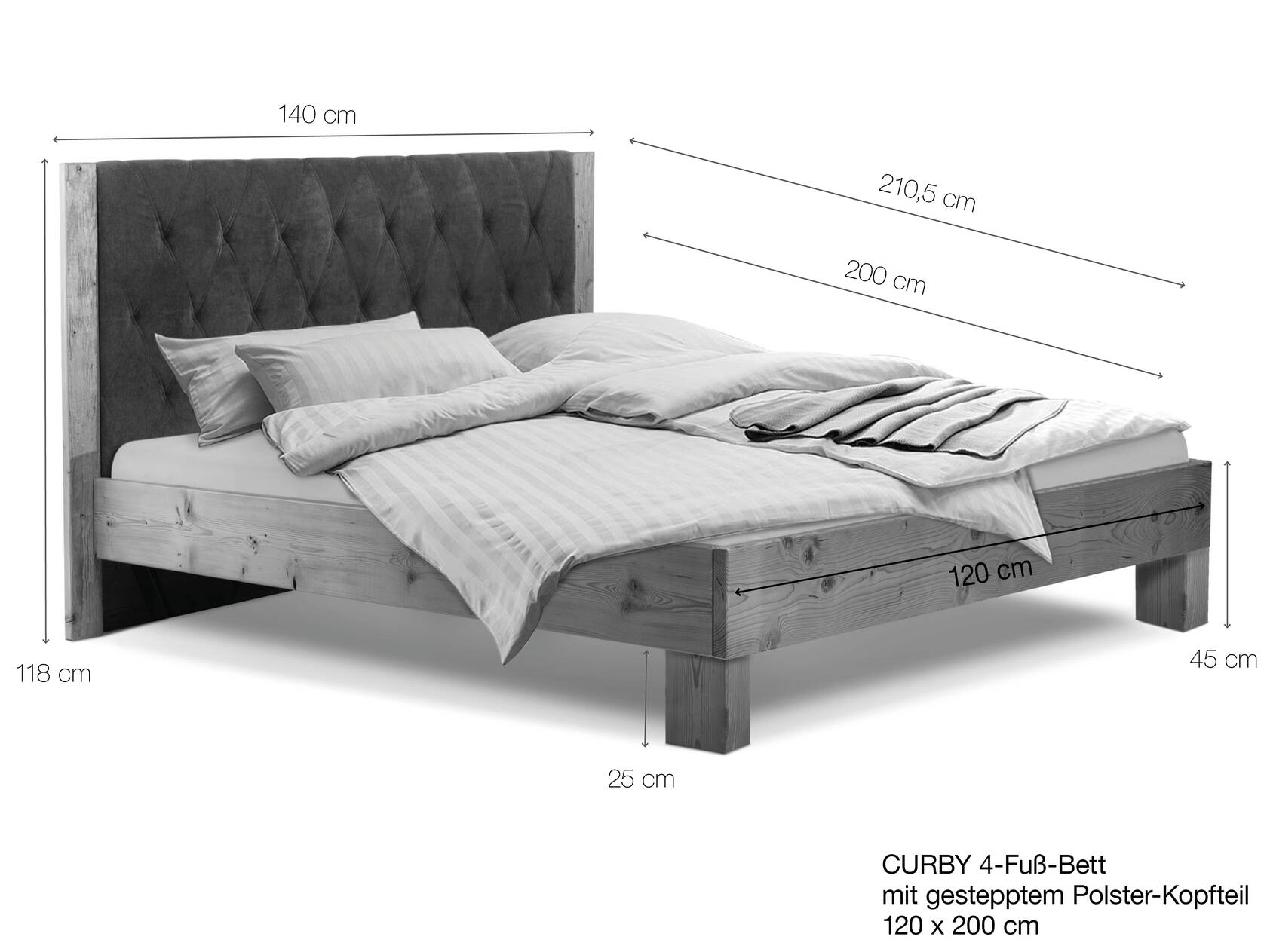CURBY 4-Fuß-Bett mit gestepptem Polster-Kopfteil, Material Massivholz ...