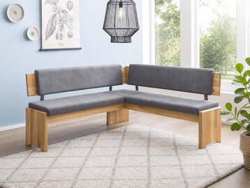 BERGAMO Eckbank mit Truhe aus Eiche, Material Massivholz/Bezug Mikrofaser 167 x 147 cm | grau