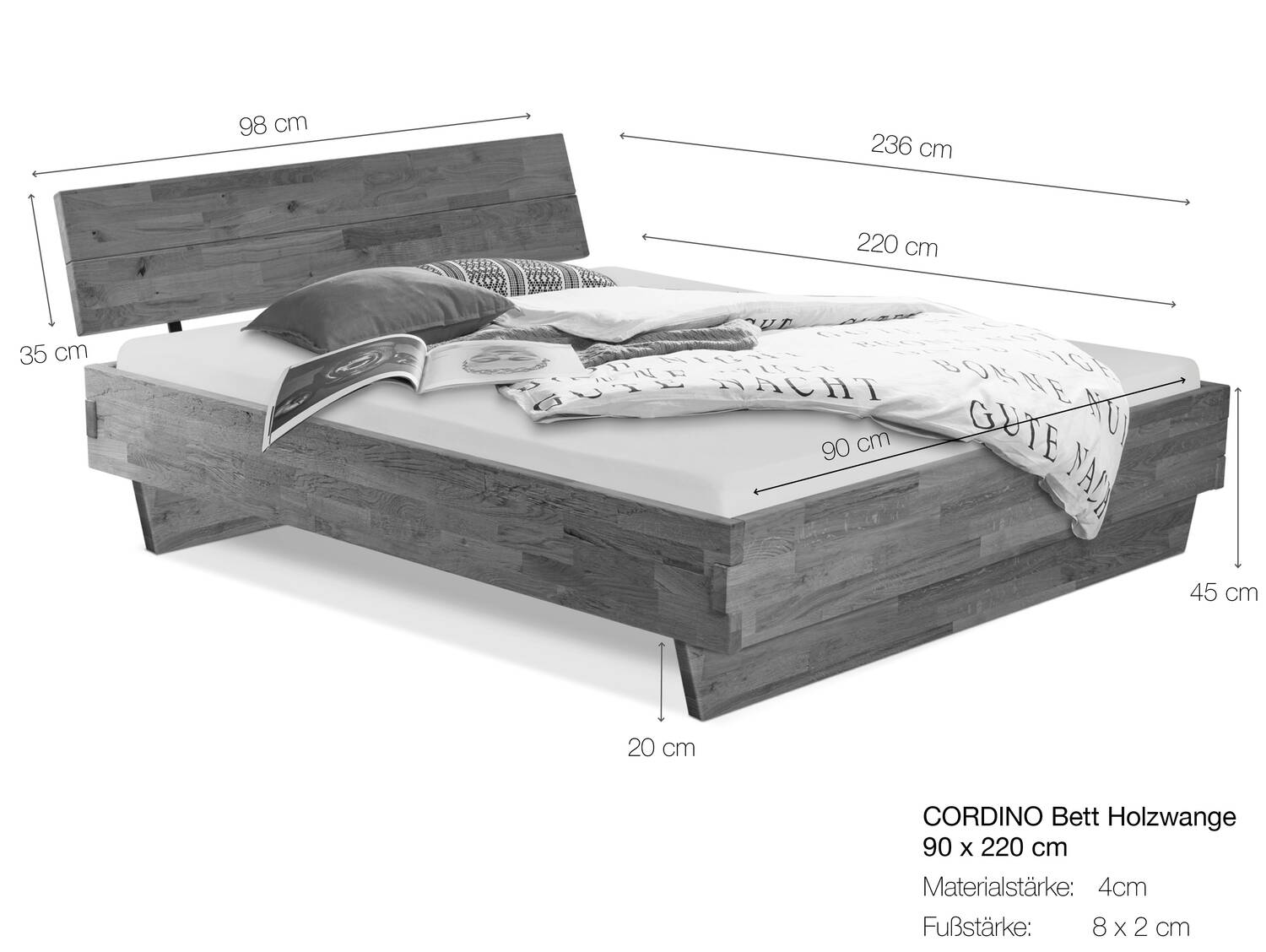 CORDINO Wangenbett aus Eiche mit Kopfteil, Material Massivholz 90 x 220 cm | Eiche unbehandelt | gehackt