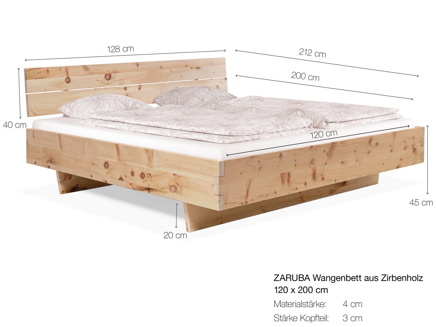 ZARUBA Zirbenbett mit Wangenfuß/Holzkopfteil, Material Massivholz, Zirbe unbehandelt 120 x 200 cm