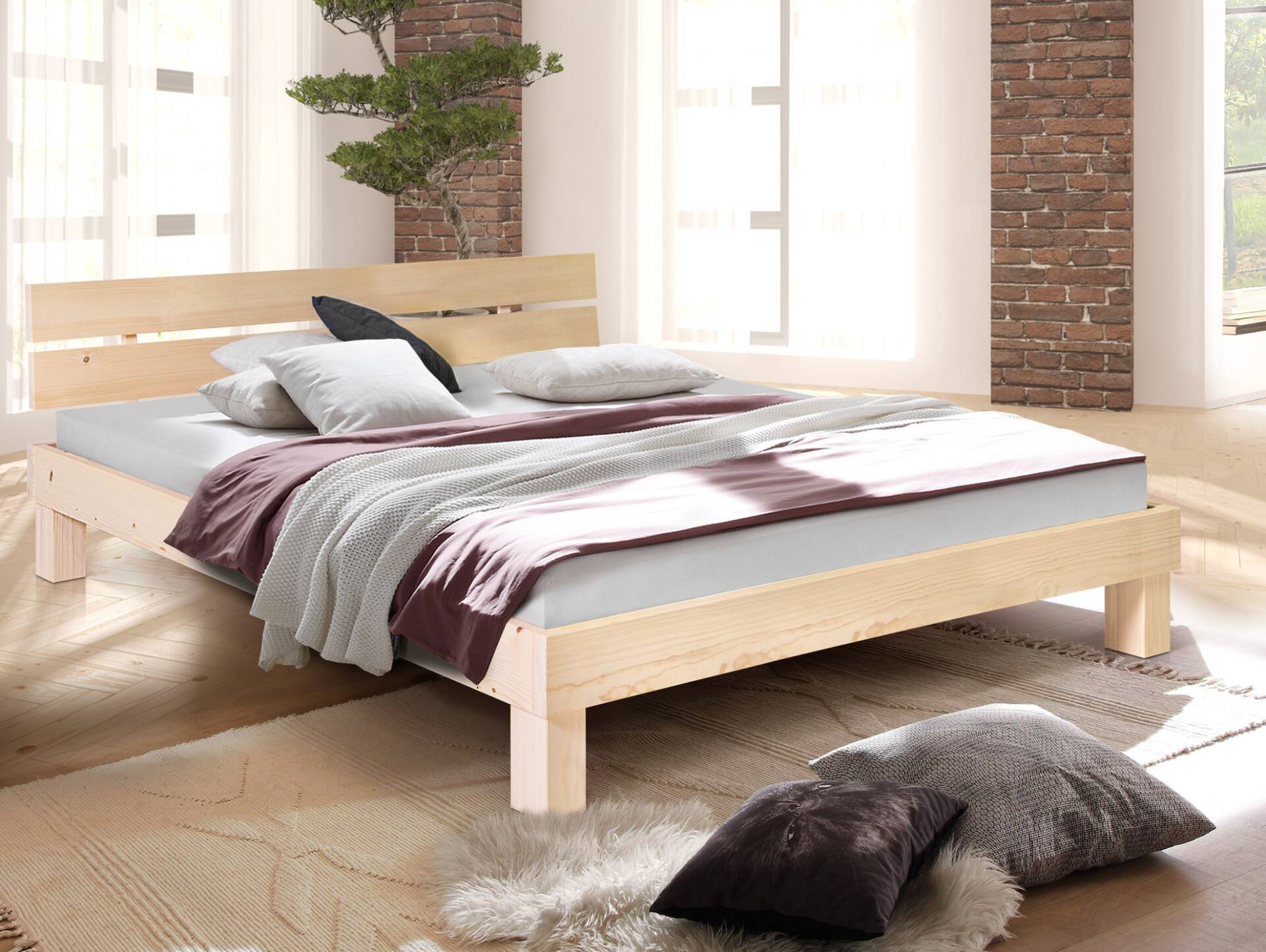 PUMBA Massivholzbett mit Kopfteil, Material Massivholz, Fichte 160 x 200 cm | natur | Standardhöhe