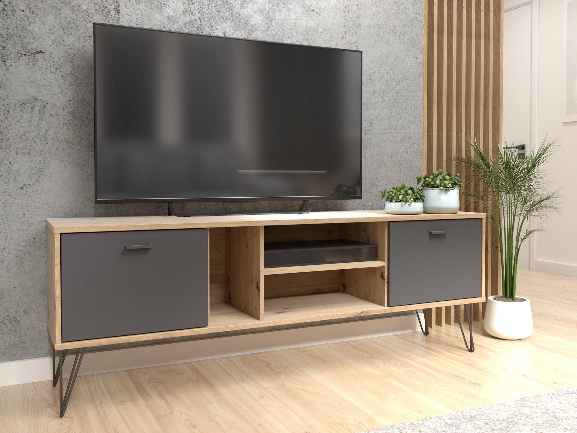 NURI TV-Board II,  Material Dekorspanplatte, Artisan eichefarbig/schwarz 
