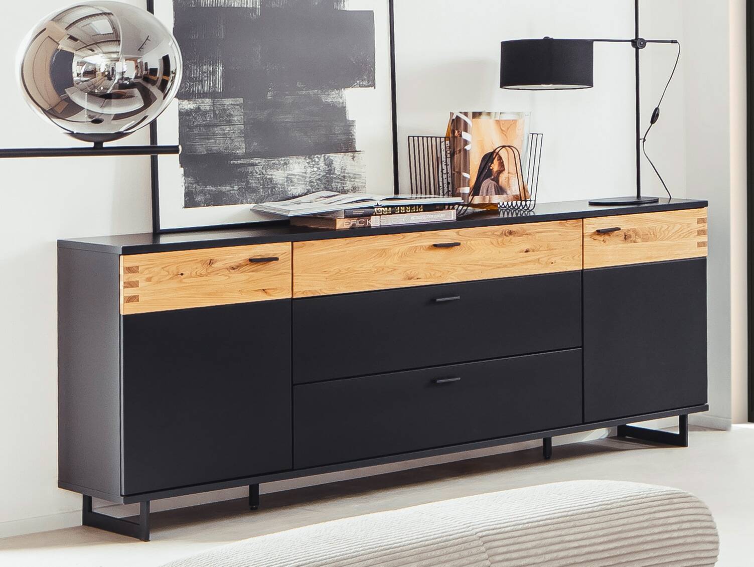 CESCO Sideboard, Material MDF, anthrazitfarbig/Absetzung Wildeiche massiv 