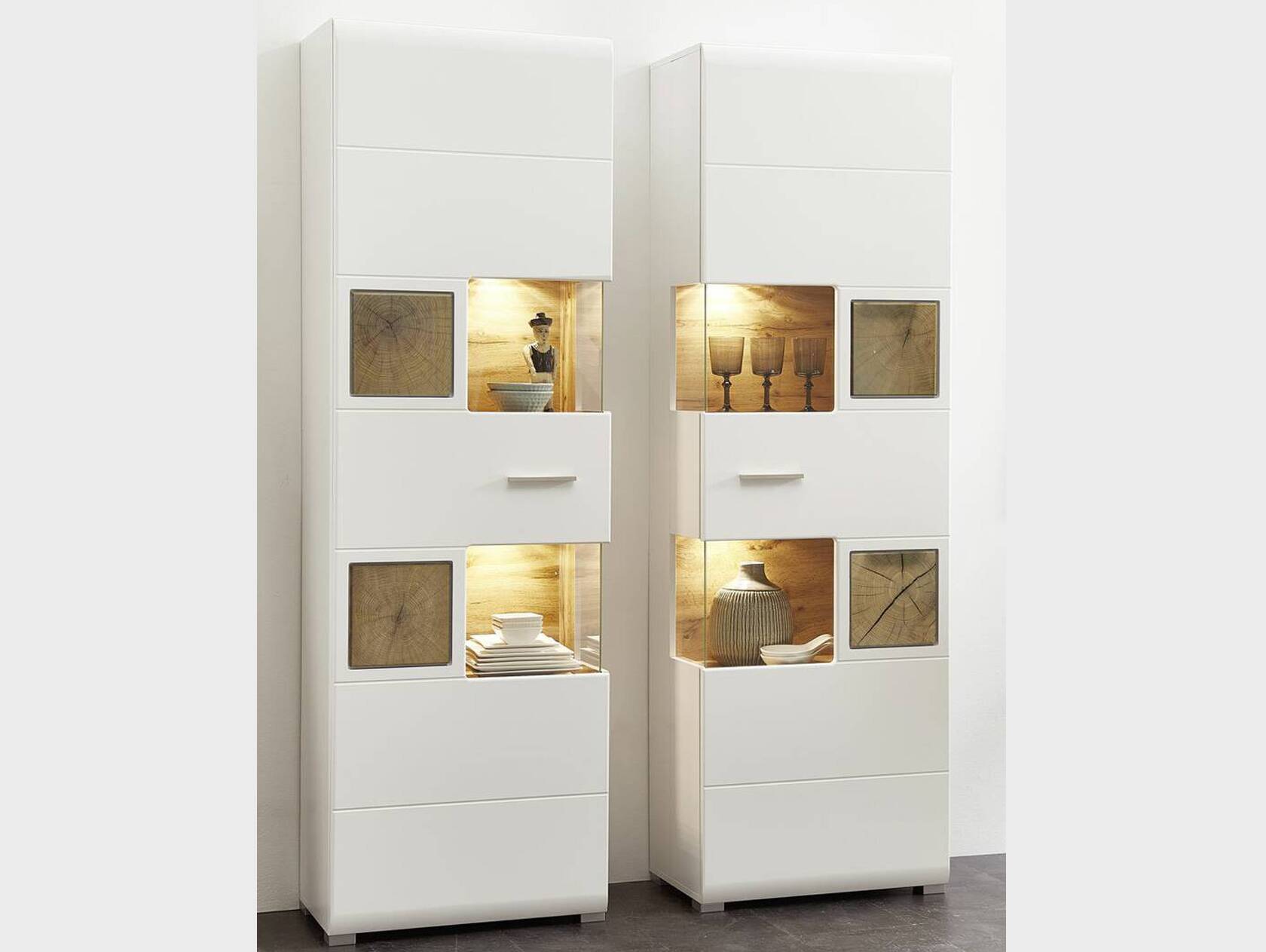 FELIPA Vitrine, Material MDF, weiss/eichefarbig / Hirnholz 