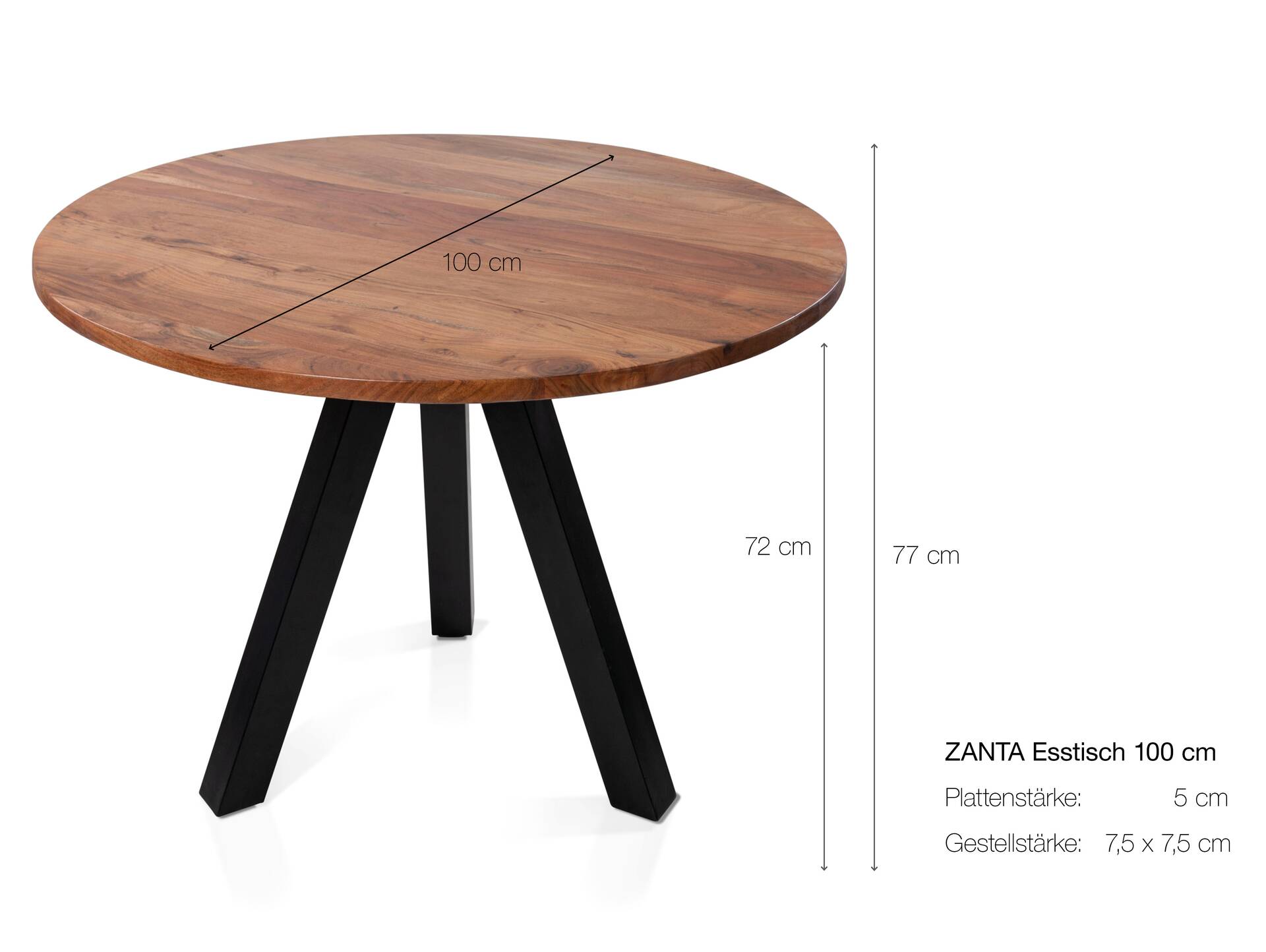 ZANTA Esstisch, Platte: 5 cm, Material Massivholz, Akazienholz 100 cm