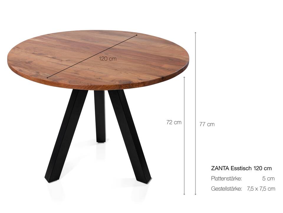 ZANTA Esstisch, Platte: 5 cm, Material Massivholz, Akazienholz 120 cm