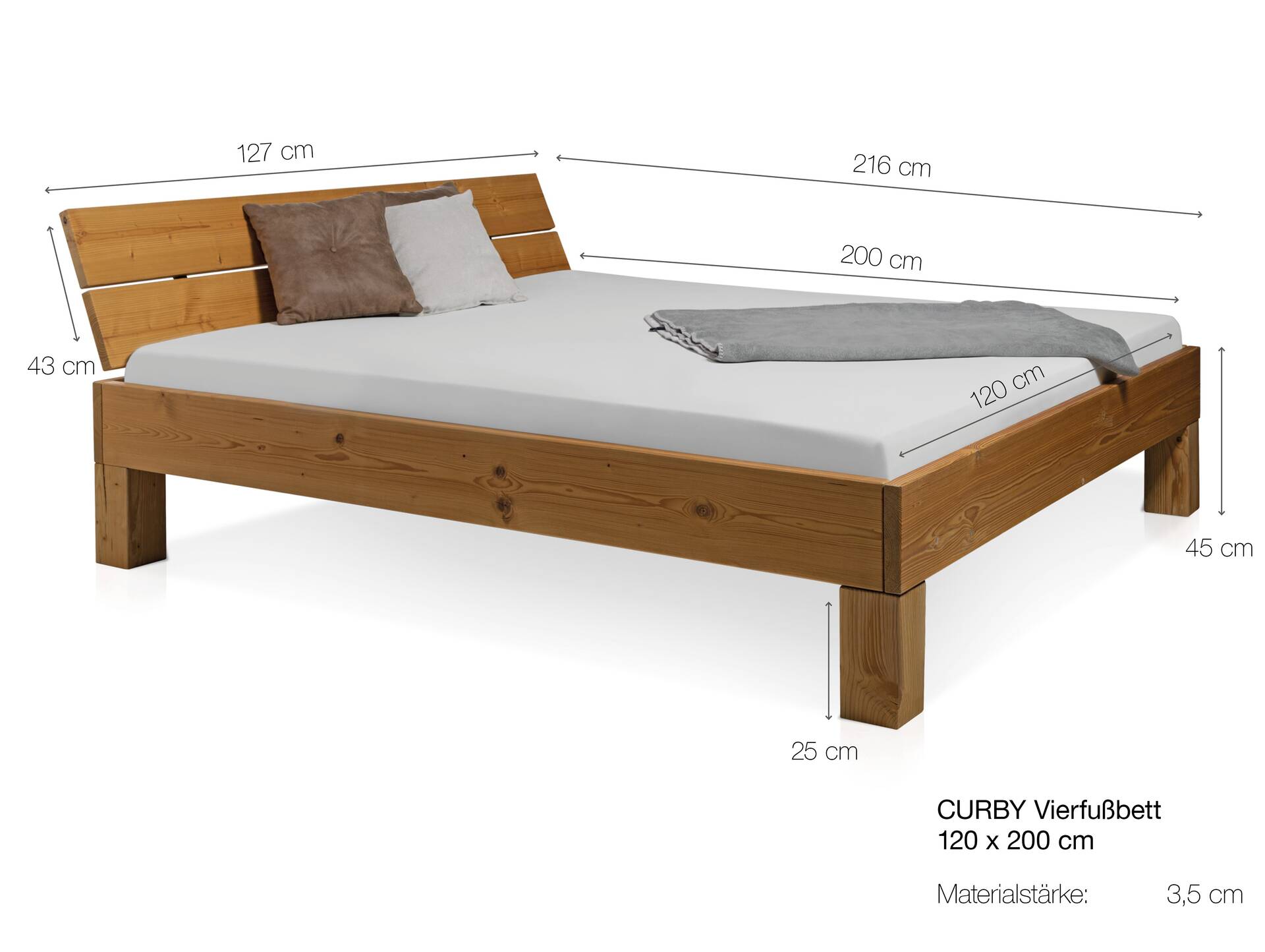 CURBY 4-Fuß-Bett mit Kopfteil, Material Massivholz, rustikale Altholzoptik, Fichte 120 x 200 cm | vintage | Standardhöhe