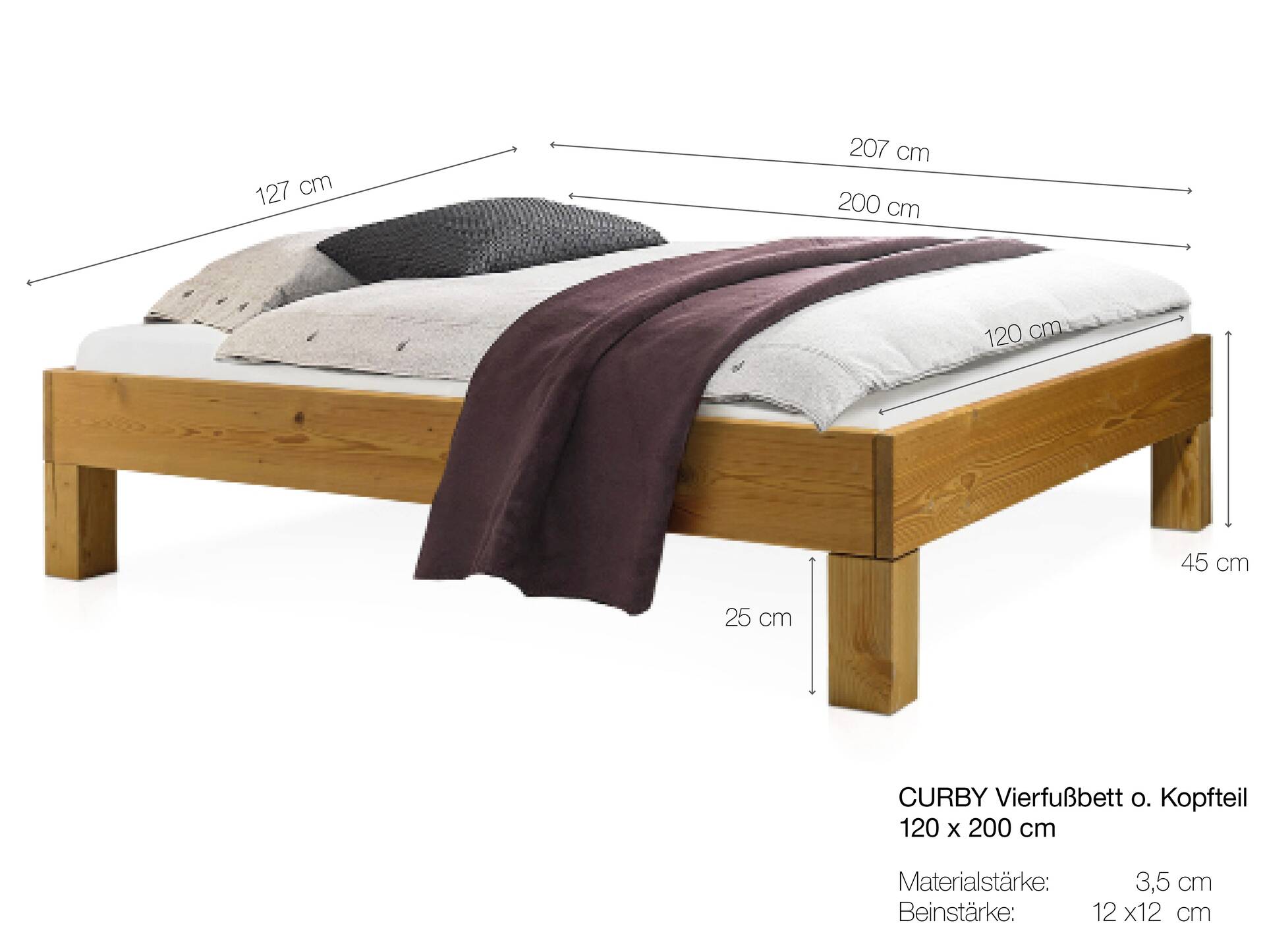 CURBY 4-Fuß-Bett ohne Kopfteil, Material Massivholz, rustikale Altholzoptik, Fichte 120 x 200 cm | natur | Standardhöhe