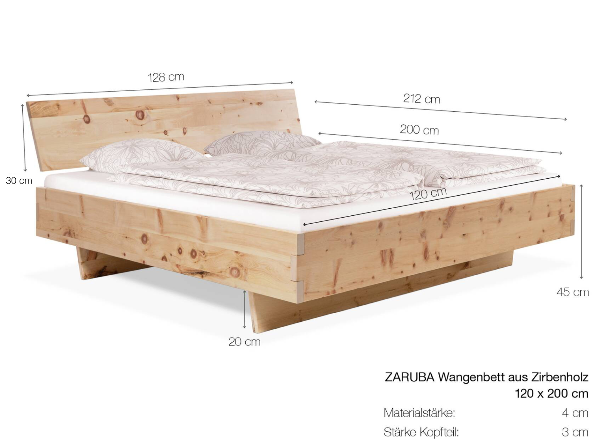 ZARUBA Zirbenbett mit Wangenfuß/Holzkopfteil, Material Massivholz, Zirbe unbehandelt, mit/ohne Kopfteil 120 x 200 cm | mit Kopfteil
