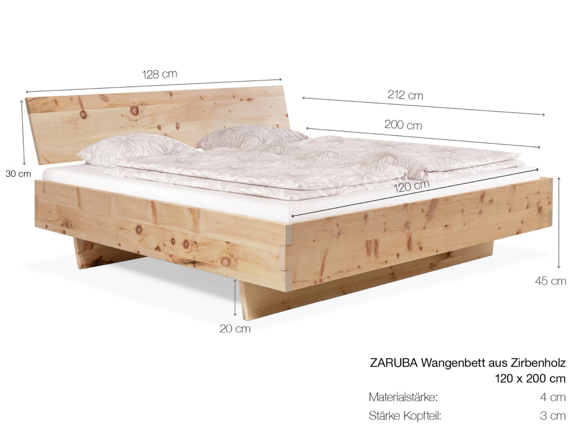 ZARUBA Zirbenbett mit Wangenfuß, Material Massivholz, mit Kopfteil 120 x 200 cm