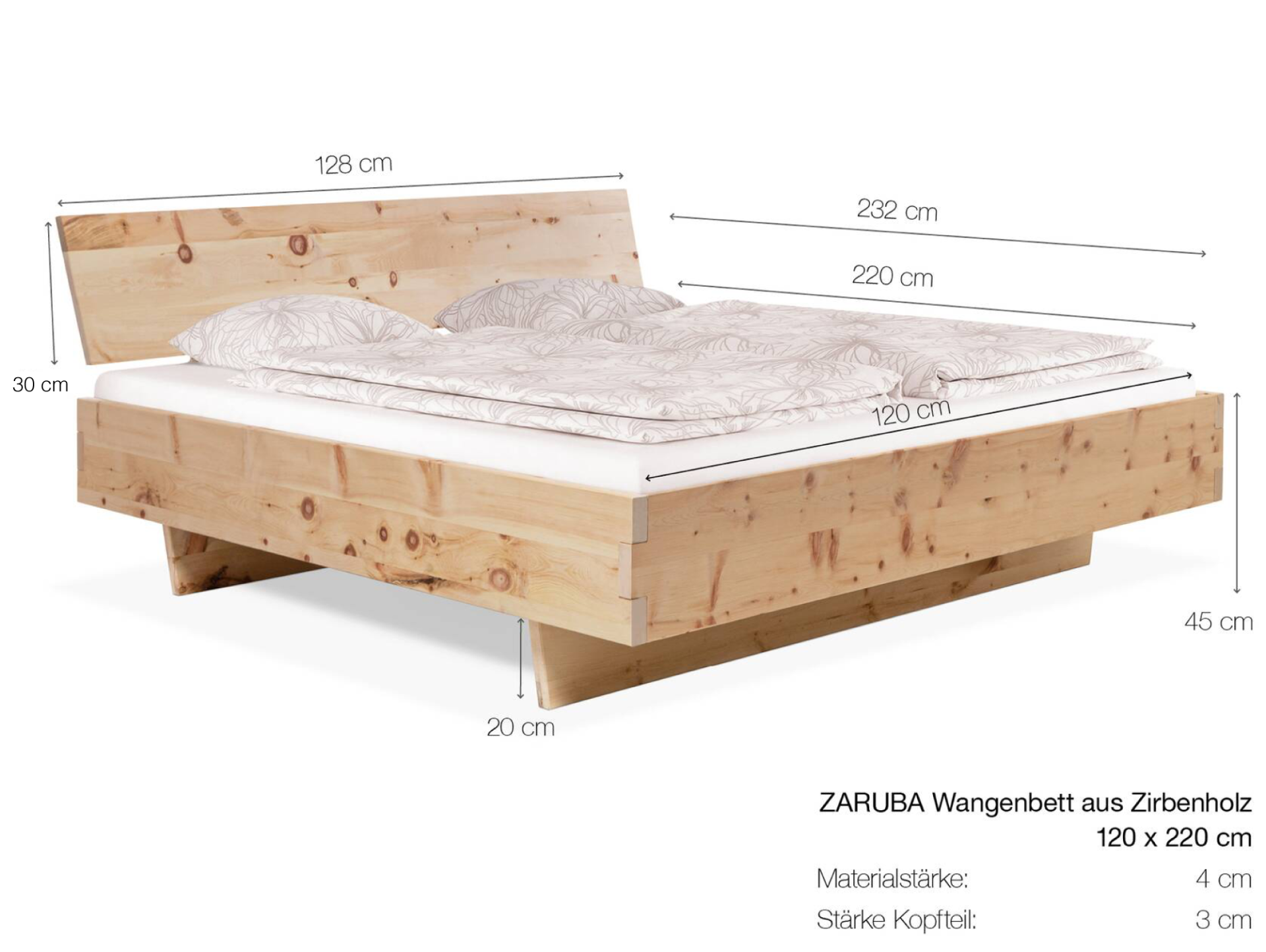 ZARUBA Zirbenbett mit Wangenfuß, Material Massivholz, mit Kopfteil 120 x 220 cm