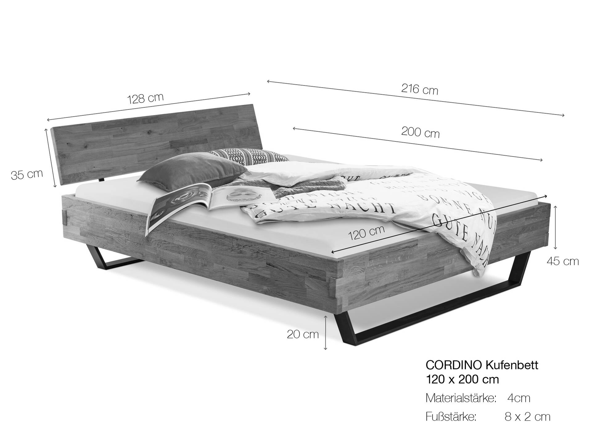 CORDINO Kufenbett aus Eiche, Material Massivholz, mit/ohne Kopfteil 120 x 200 cm | Eiche unbehandelt | gebürstet | mit Kopfteil