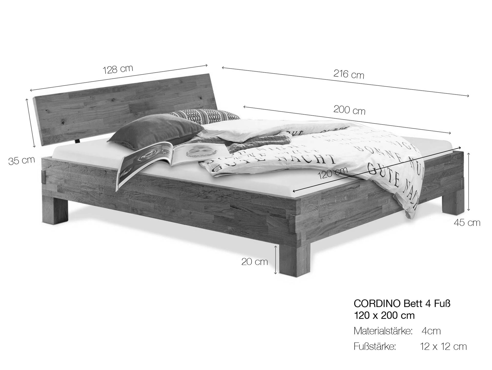 CORDINO 4-Fuß-Bett aus Eiche mit Kopfteil, Material Massivholz 120 x 200 cm | Eiche unbehandelt | gebürstet