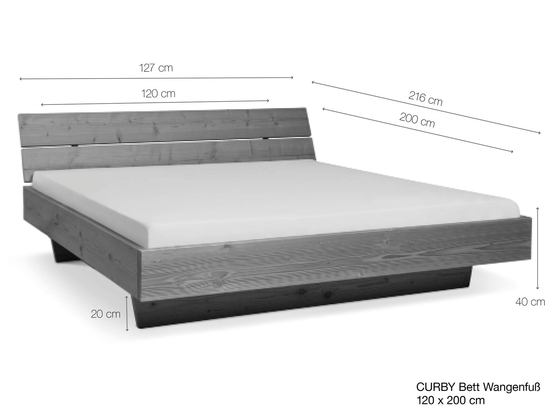 CURBY Wangenbett mit Kopfteil, Material Massivholz, rustikale Altholzoptik, Fichte gebürstet 120 x 200 cm | vintage