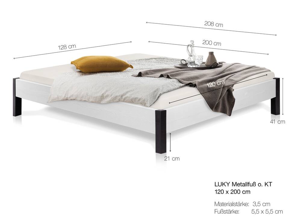 LUKY Bett mit Metallfuß, Material Massivholz, Fichte weiss, ohne Kopfteil 120 x 200 cm