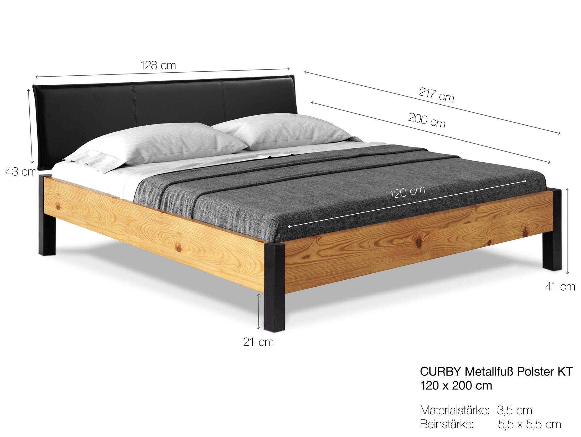 CURBY Bett mit Metallfuß und Polsterkopfteil, Material Massivholz, rustikale Altholzoptik, Fichte 120 x 200 cm | vintage | Kunstleder Schwarz ohne Steppung