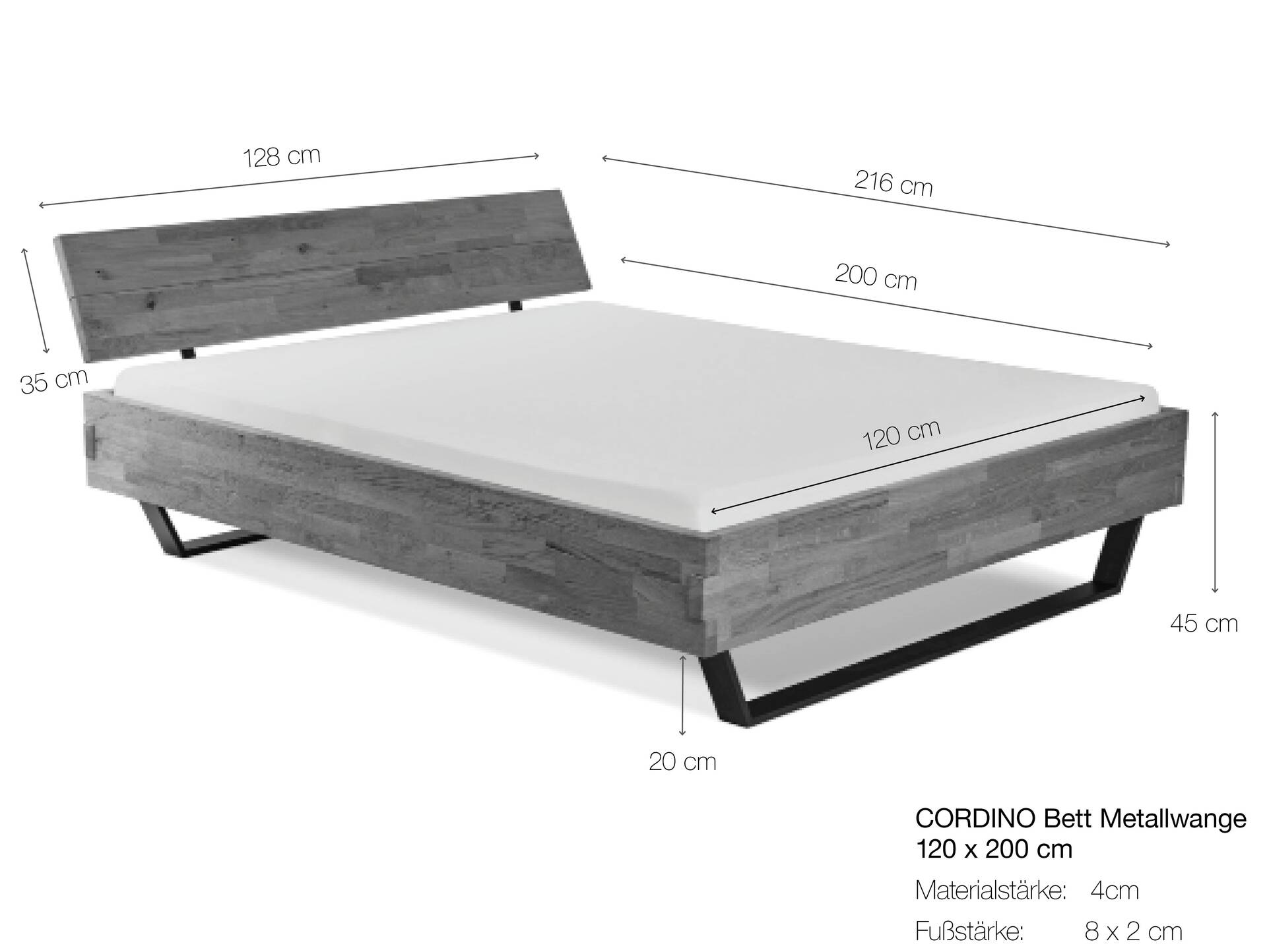 CORDINO Kufenbett aus Eiche, Material Massivholz, mit/ohne Kopfteil 120 x 200 cm | Eiche lackiert | gebürstet | mit Kopfteil