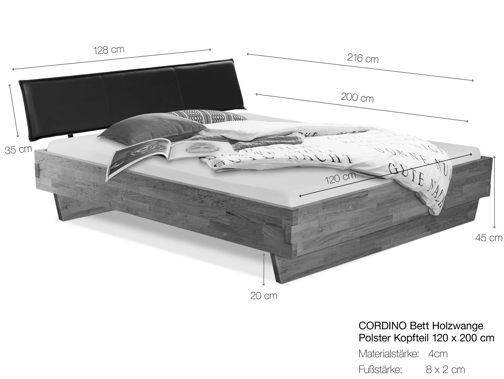 CORDINO Wangenbett aus Eiche mit Polster-Kopfteil, Material Massivholz 120 x 200 cm | Eiche unbehandelt | Kunstleder Braun ohne Steppung | gebürstet