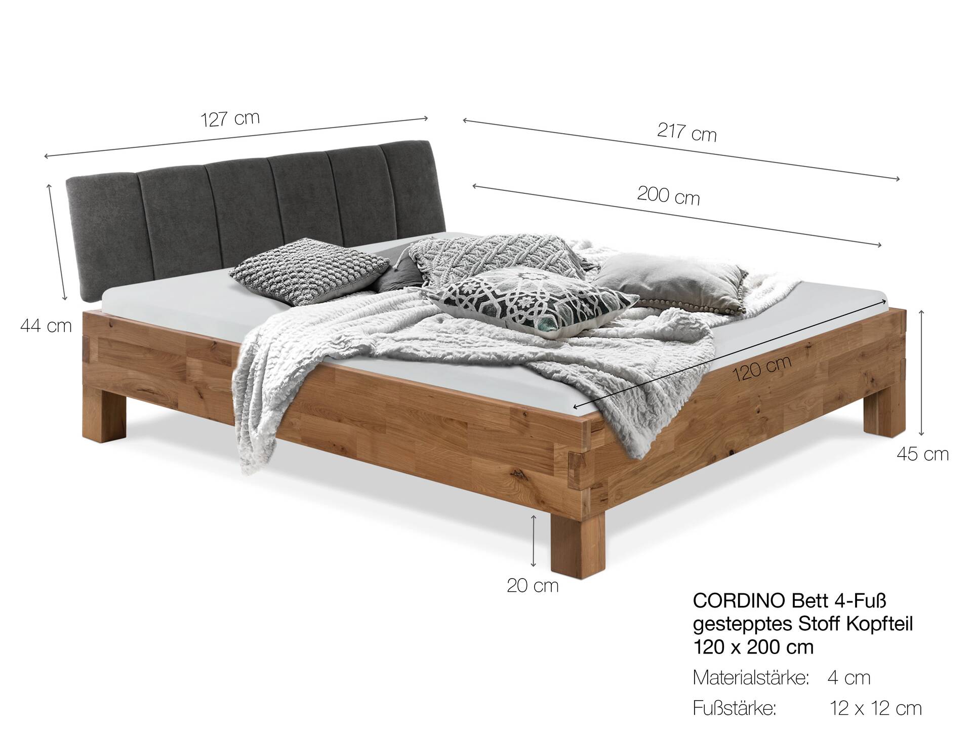 CORDINO 4-Fuß-Bett aus Eiche mit Polsterkopfteil, Material Massivholz 120 x 200 cm | Eiche unbehandelt | Stoff Anthrazit mit Steppung | gebürstet