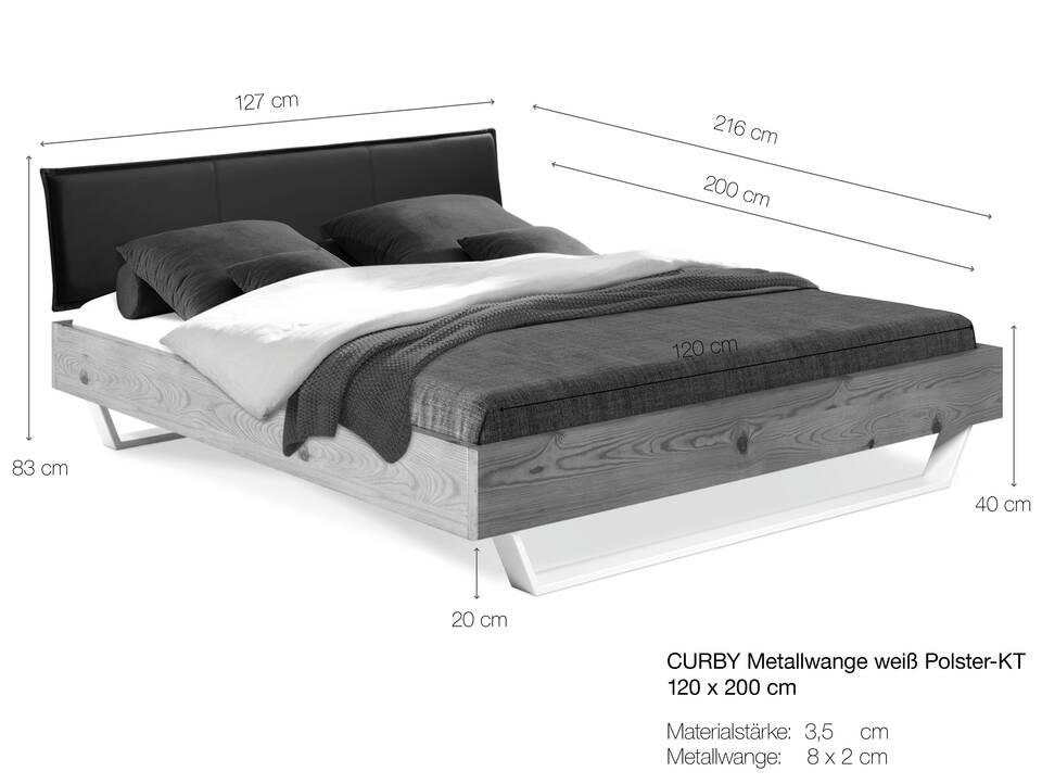 CURBY Kufenbett mit Polsterkopfteil, Material Massivholz, rustikale Altholzoptik, Fichte, Kufen weiss 120 x 200 cm | vintage | Kunstleder Schwarz