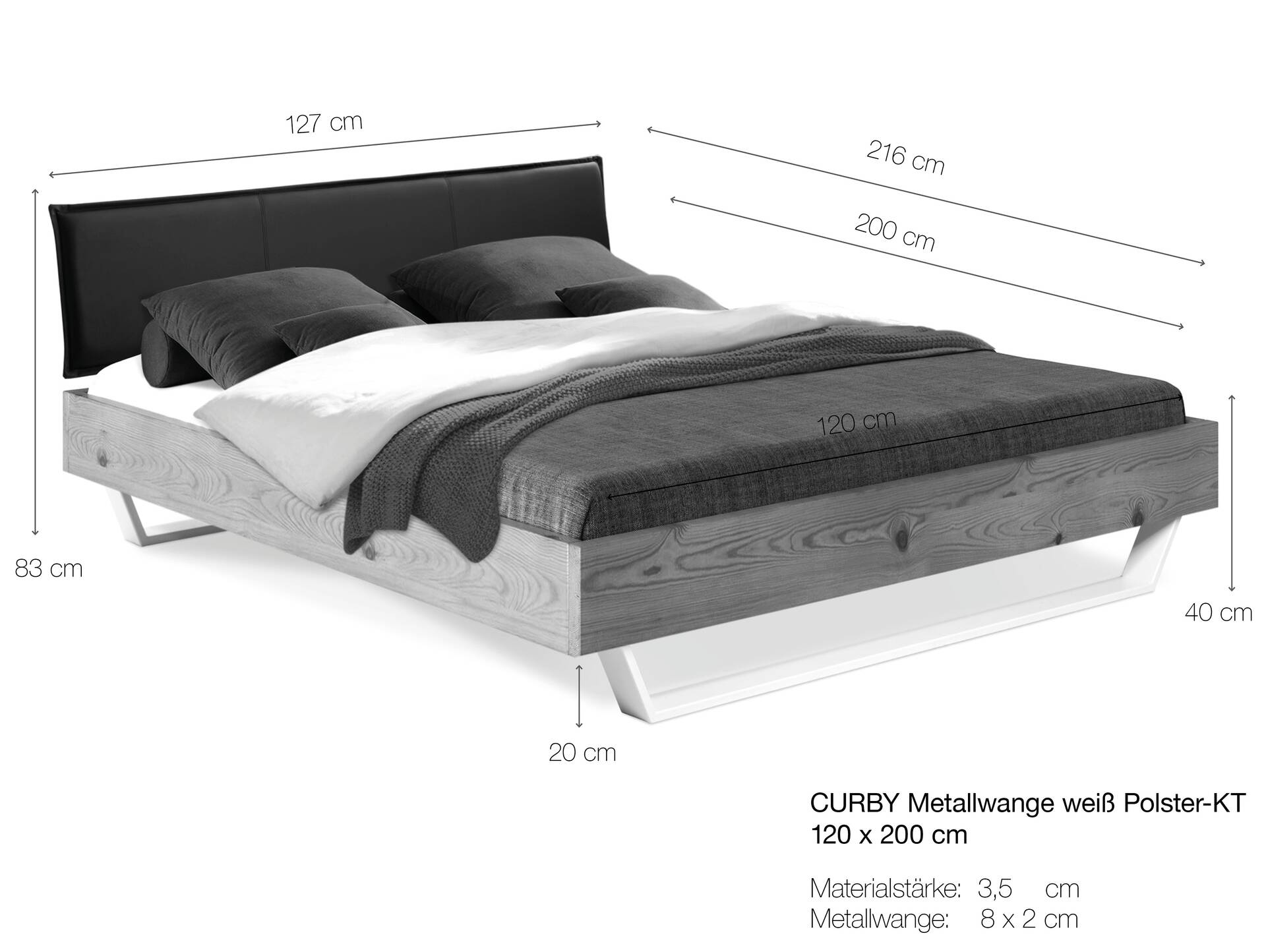 CURBY Kufenbett mit Polsterkopfteil, Material Massivholz, rustikale Altholzoptik, Fichte, Kufen weiss 120 x 200 cm | natur | Stoff Anthrazit