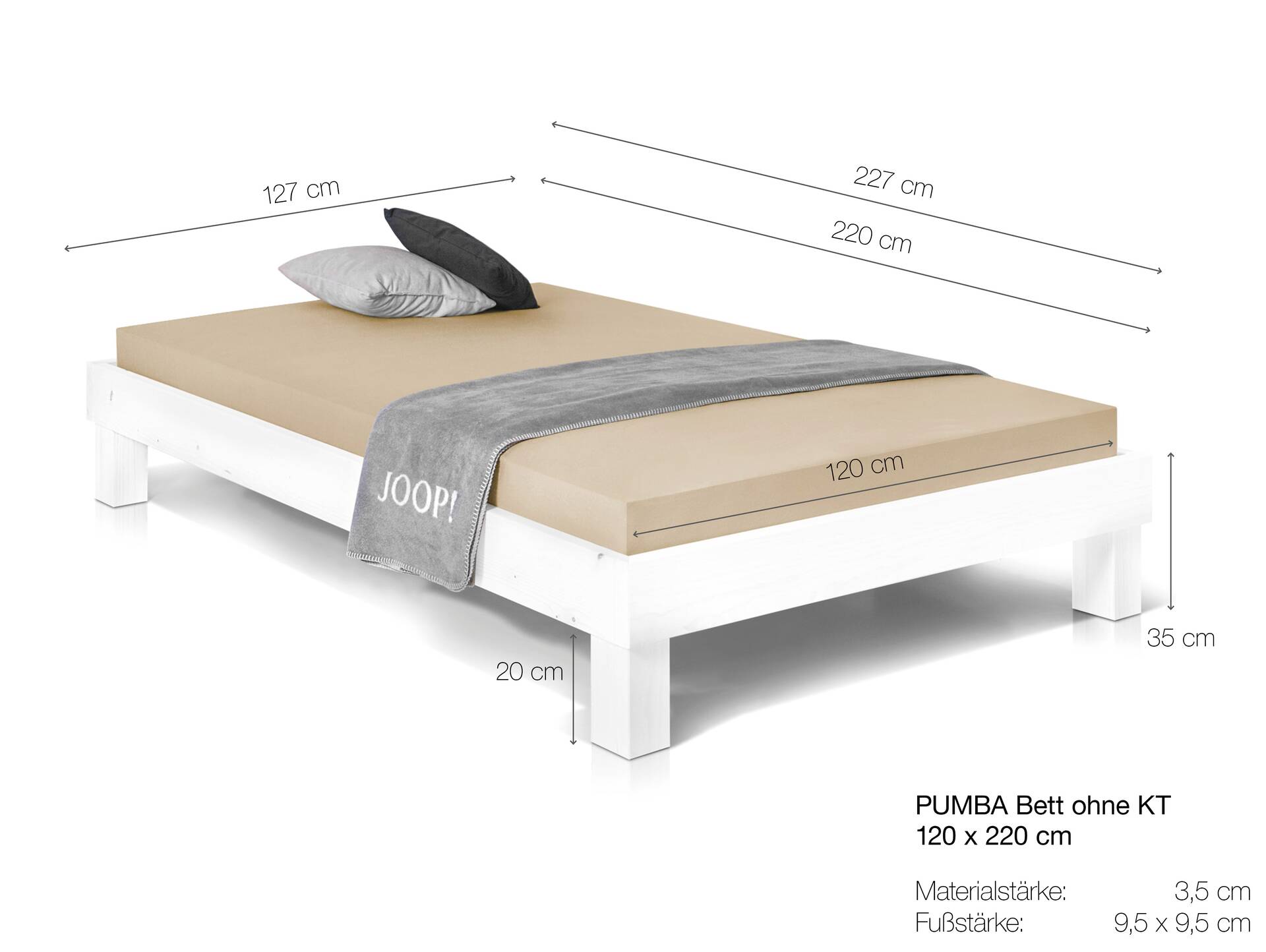 PUMBA Massivholzbett ohne Kopfteil, Material Massivholz, Fichte 120 x 220 cm | eichefarbig | Standardhöhe