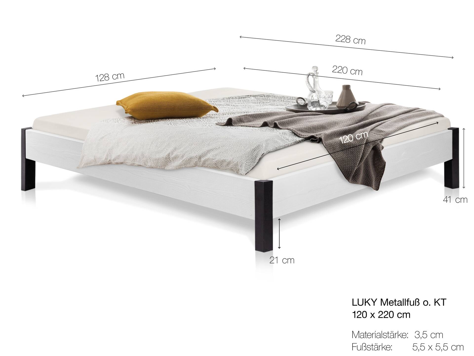 LUKY Bett Metallfuß, Material Massivholz, Fichte massiv, mit/ohne Kopfteil 120 x 220 cm | weiss | ohne Kopfteil