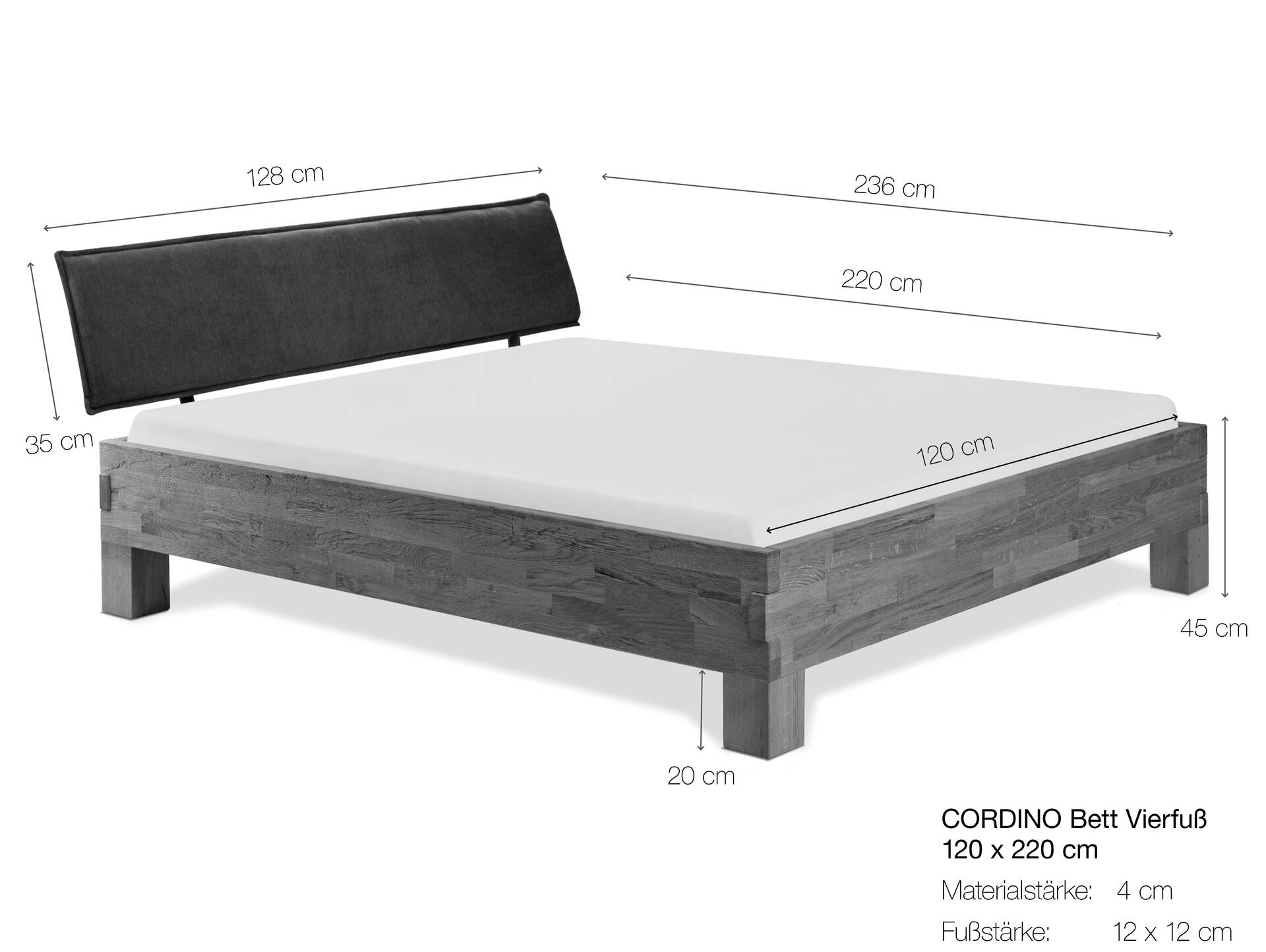 CORDINO 4-Fuß-Bett aus Eiche mit Polster-Kopfteil, Material Massivholz 120 x 220 cm | Eiche unbehandelt | Stoff Braun | gebürstet