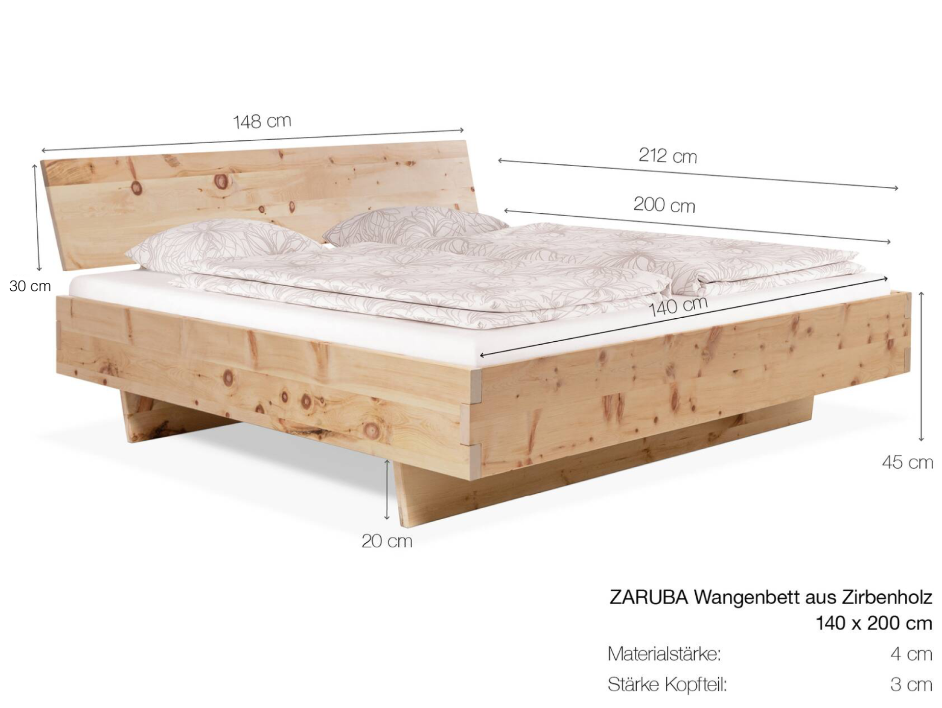 ZARUBA Zirbenbett mit Wangenfuß/Holzkopfteil, Material Massivholz, Zirbe unbehandelt, mit/ohne Kopfteil 140 x 200 cm | mit Kopfteil