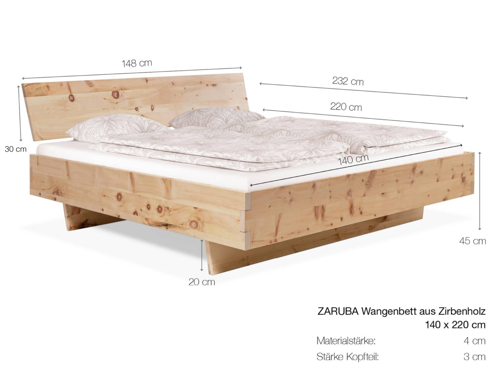 ZARUBA Zirbenbett mit Wangenfuß, Material Massivholz, mit Kopfteil 140 x 220 cm