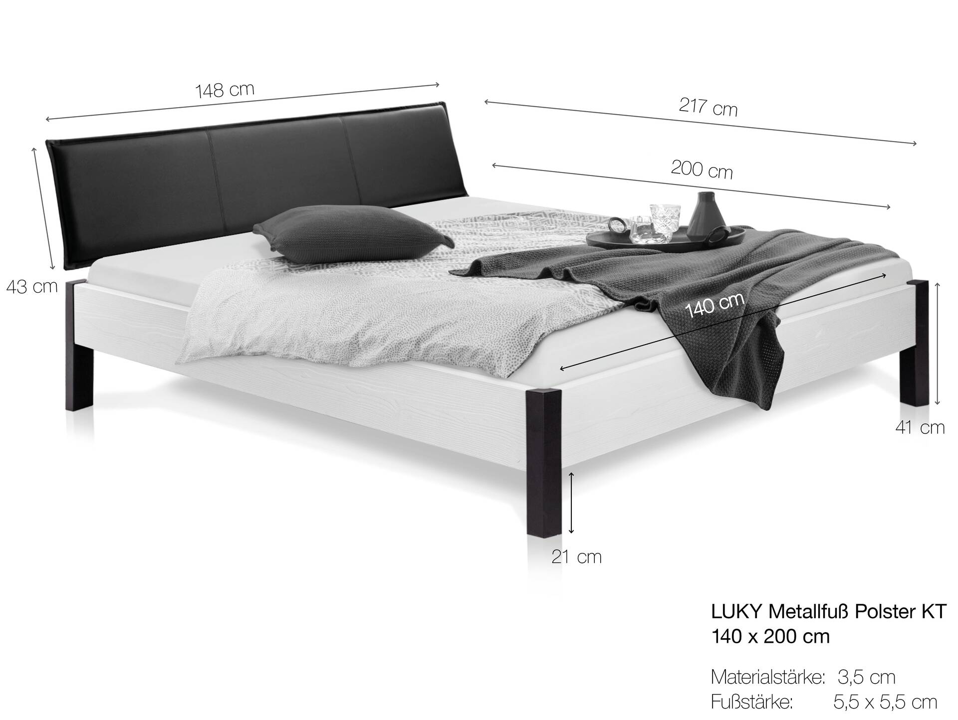 LUKY Bett mit Metallfuß, Material Massivholz, Fichte weiss, mit Polsterkopfteil 140 x 200 cm | Kunstleder Braun