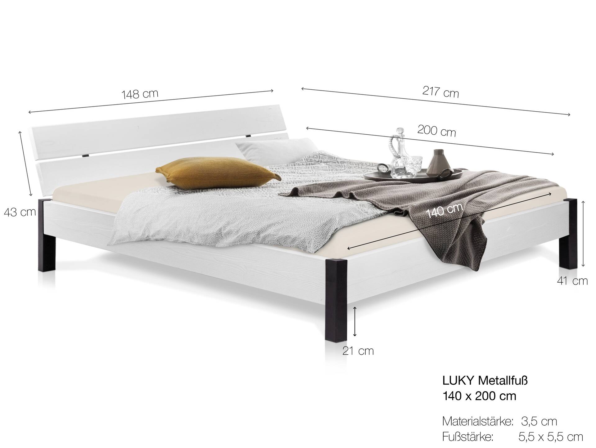 LUKY Bett mit Metallfuß, Material Massivholz, Fichte weiss, mit Kopfteil 140 x 200 cm