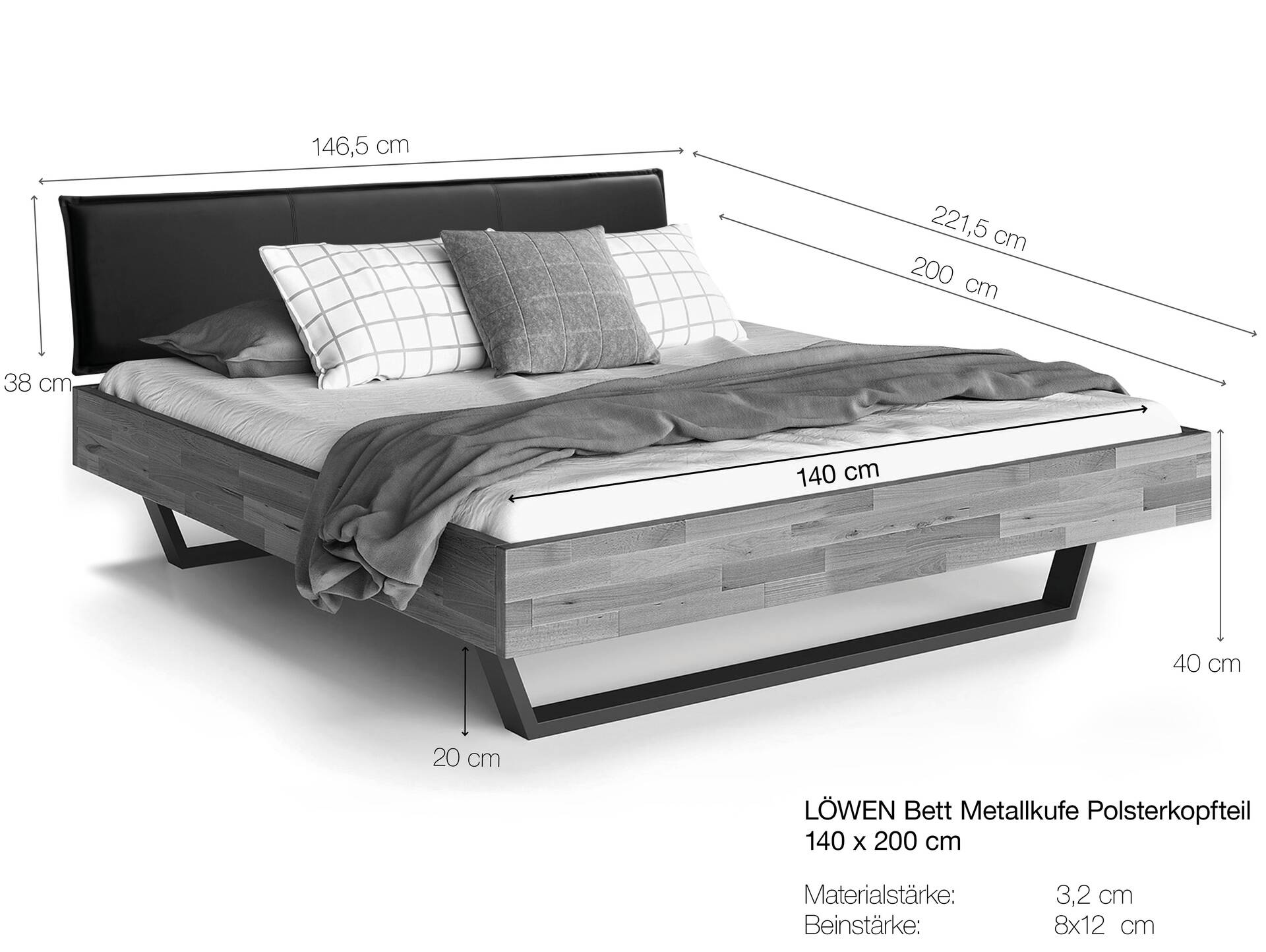 LÖWEN Kufenbett mit Polsterkopfteil, Material Massivholz 140 x 200 cm | Buche unbehandelt | Kunstleder Braun ohne Steppung