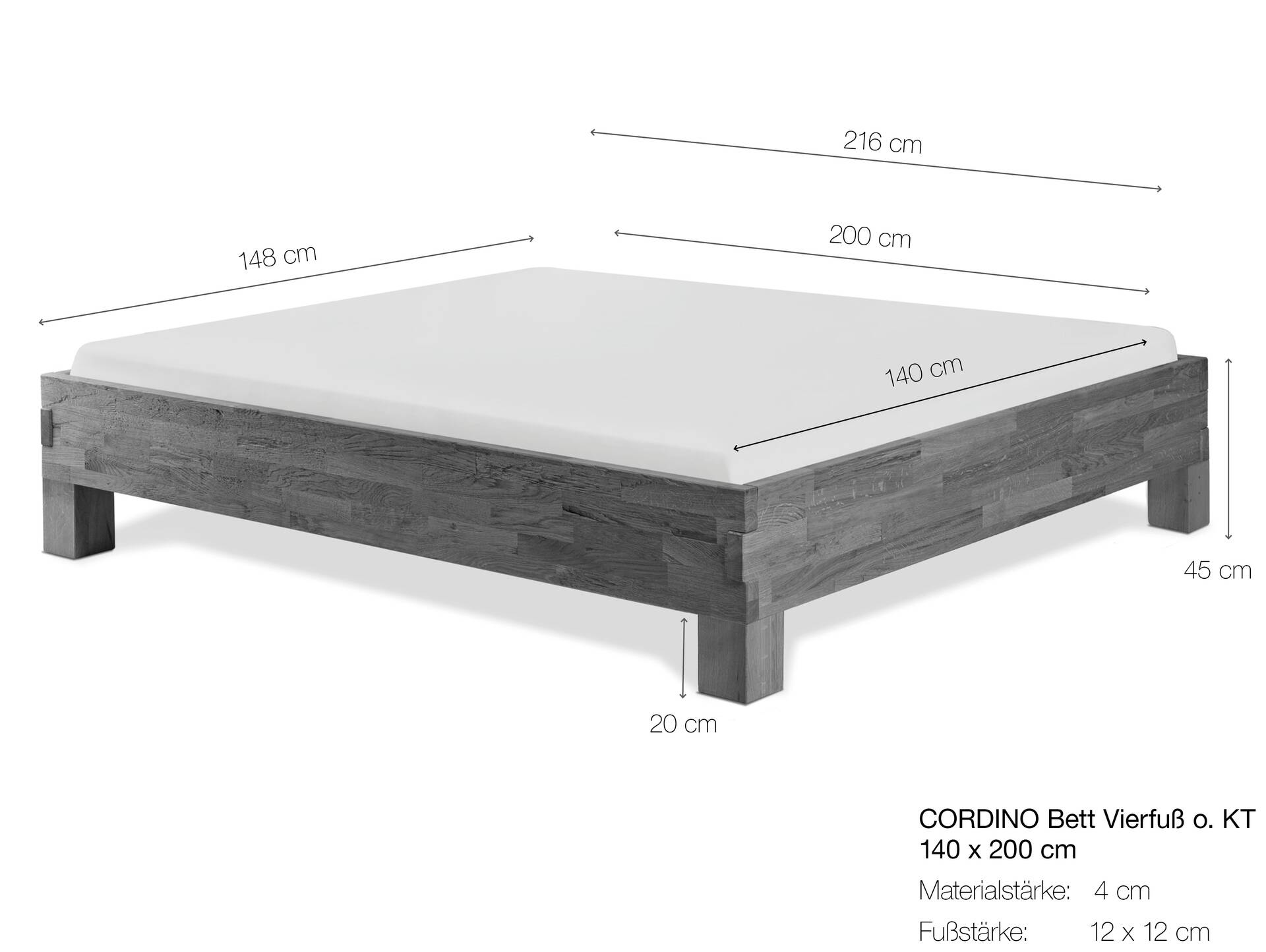 CORDINO 4-Fuß-Bett aus Eiche ohne Kopfteil, Material Massivholz 140 x 200 cm | Eiche unbehandelt | gehackt