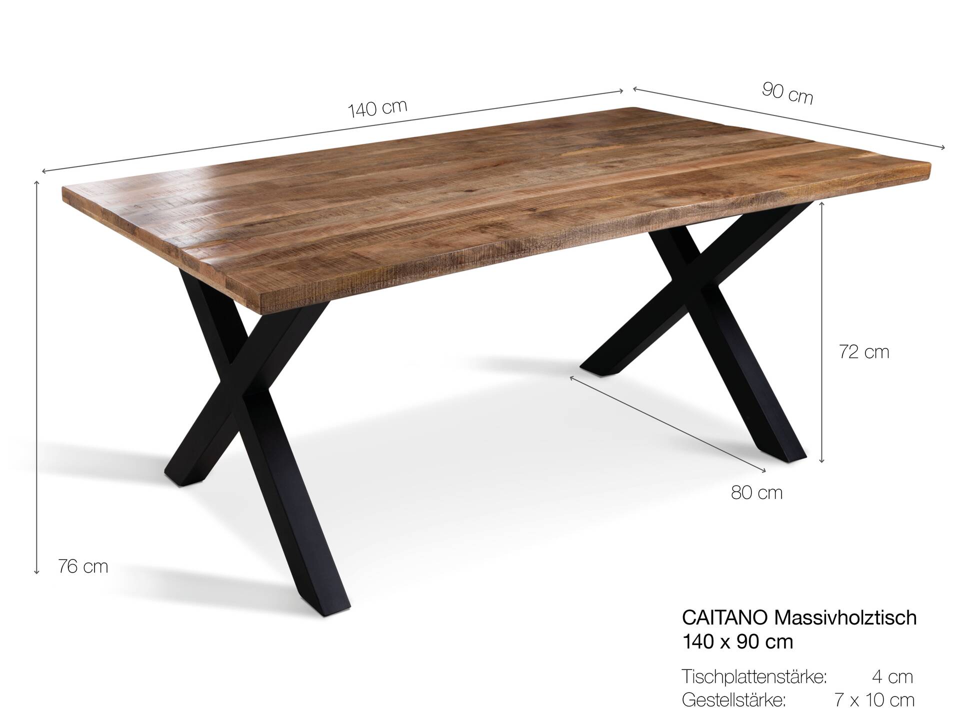 CAITANO Massivholztisch mit X-Beinen, Material Massivholz, Mango 140 x 90 cm