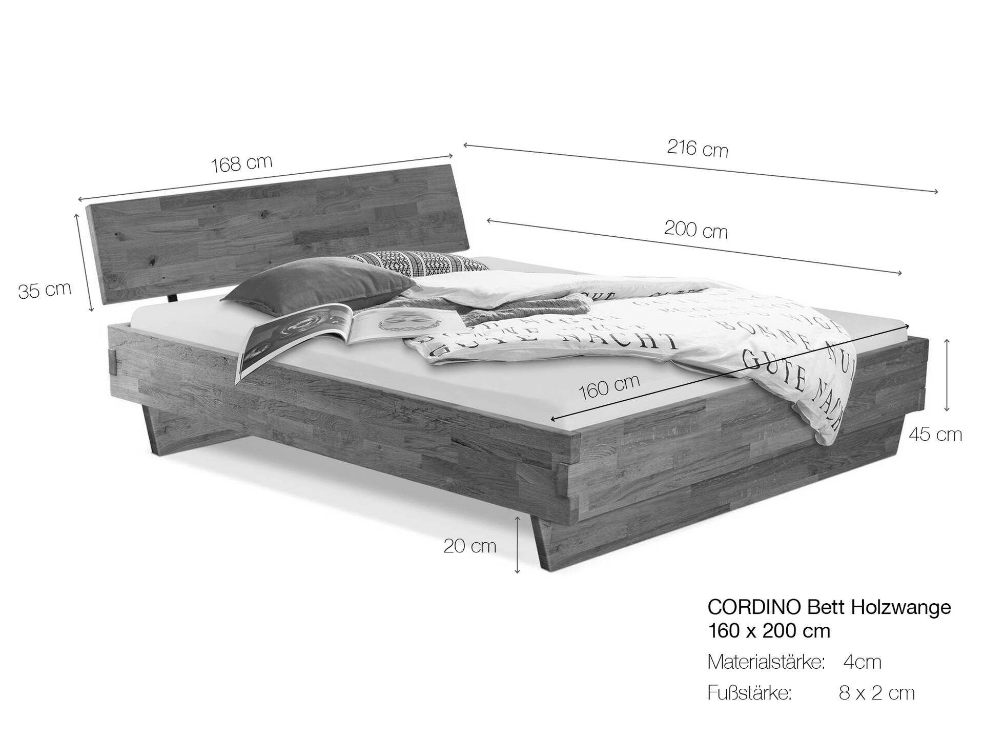 CORDINO Wangenbett aus Eiche, Material Massivholz, mit/ohne Kopfteil 160 x 200 cm | Eiche unbehandelt | gebürstet | mit Kopfteil