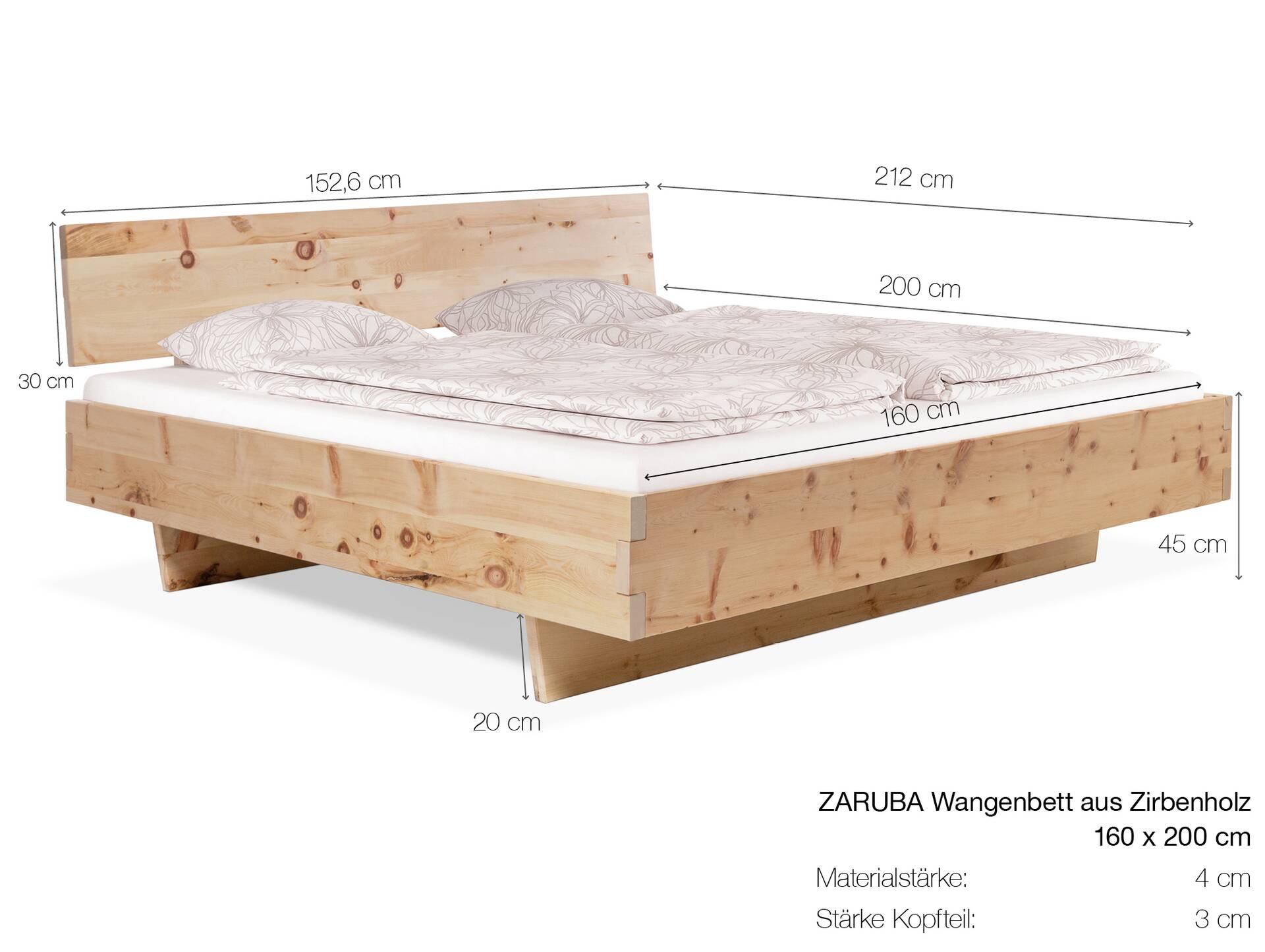 ZARUBA Zirbenbett mit Wangenfuß, Material Massivholz, mit Kopfteil 160 x 200 cm