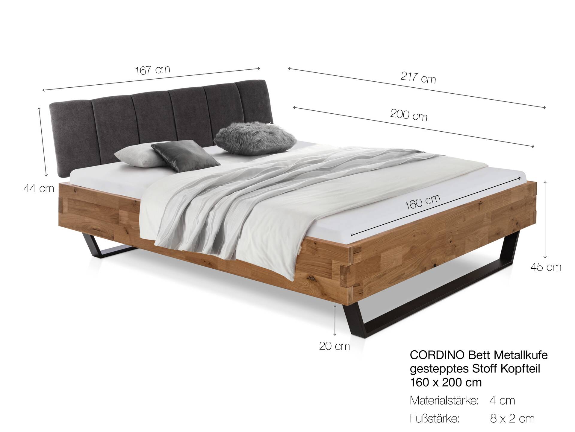 CORDINO Kufenbett aus Eiche mit Polsterkopfteil, Material Massivholz 160 x 200 cm | Eiche unbehandelt | Stoff Anthrazit mit Steppung | gebürstet