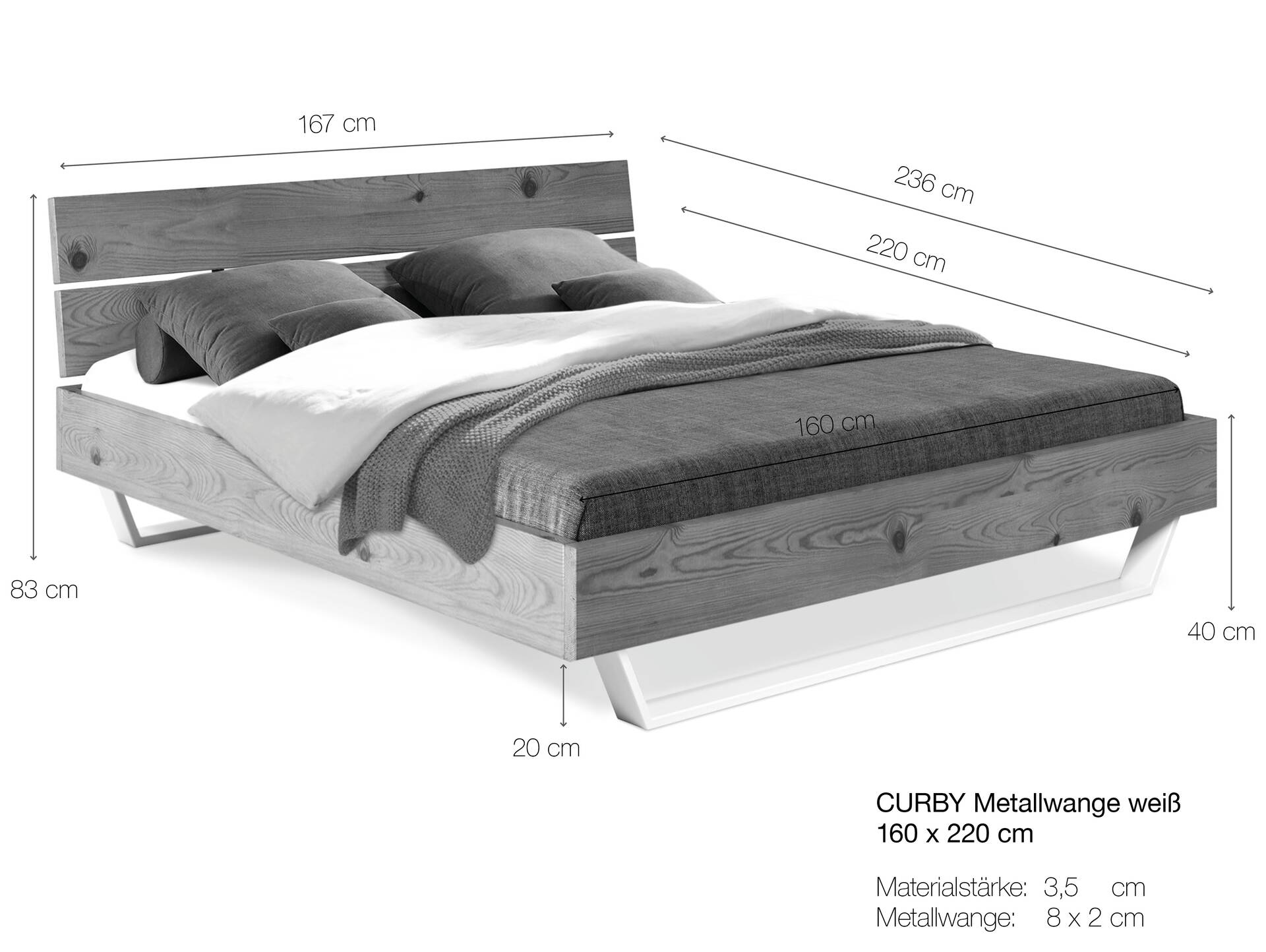 CURBY Kufenbett mit Kopfteil, Material Massivholz, rustikale Altholzoptik, Fichte, Kufen weiß 160 x 220 cm | natur