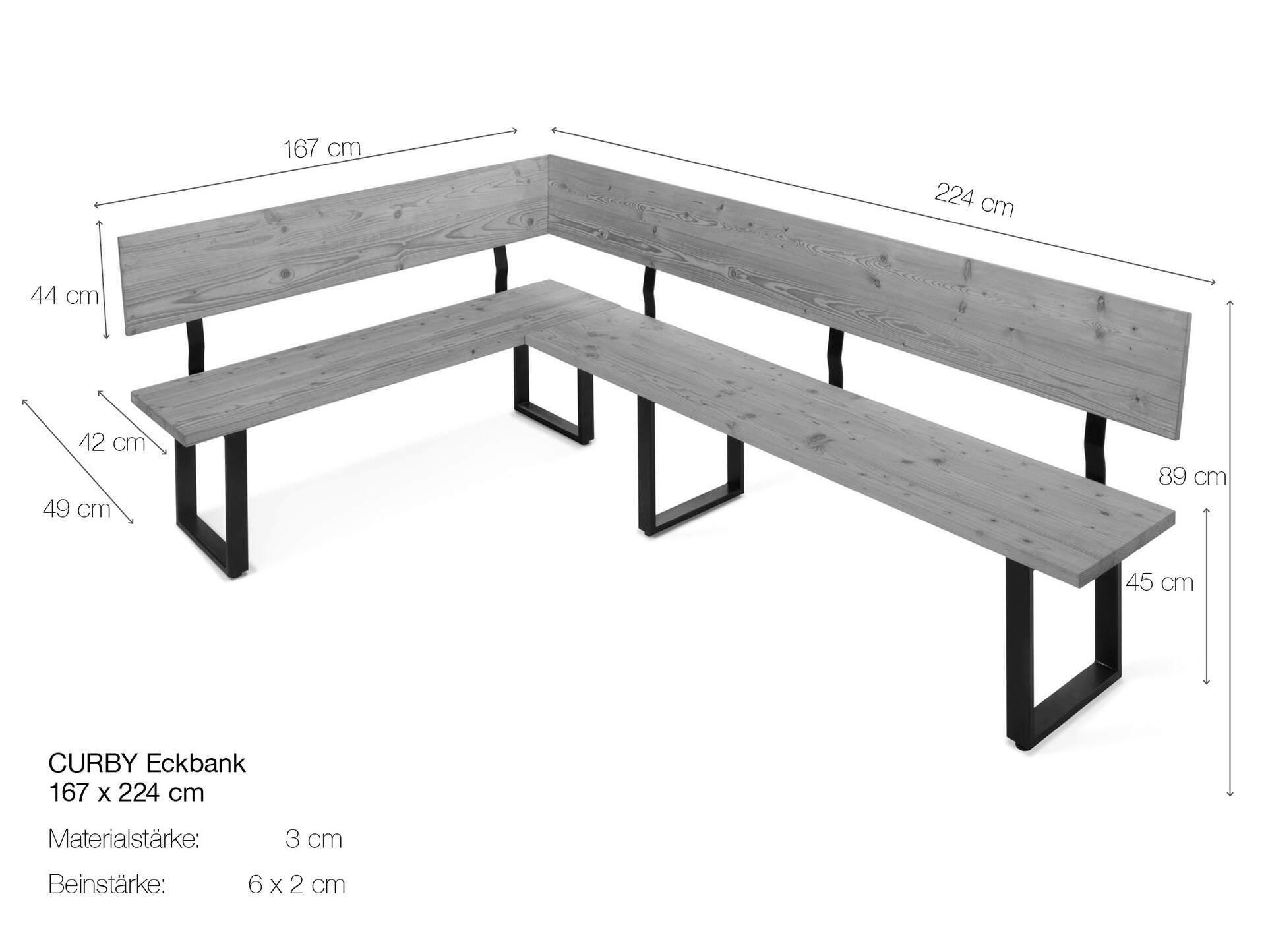 CURBY Eckbank, rustikale Altholzoptik, Material Massivholz, Fichte gebürstet 167 x 224 cm | vintage | ohne Sitzkissen