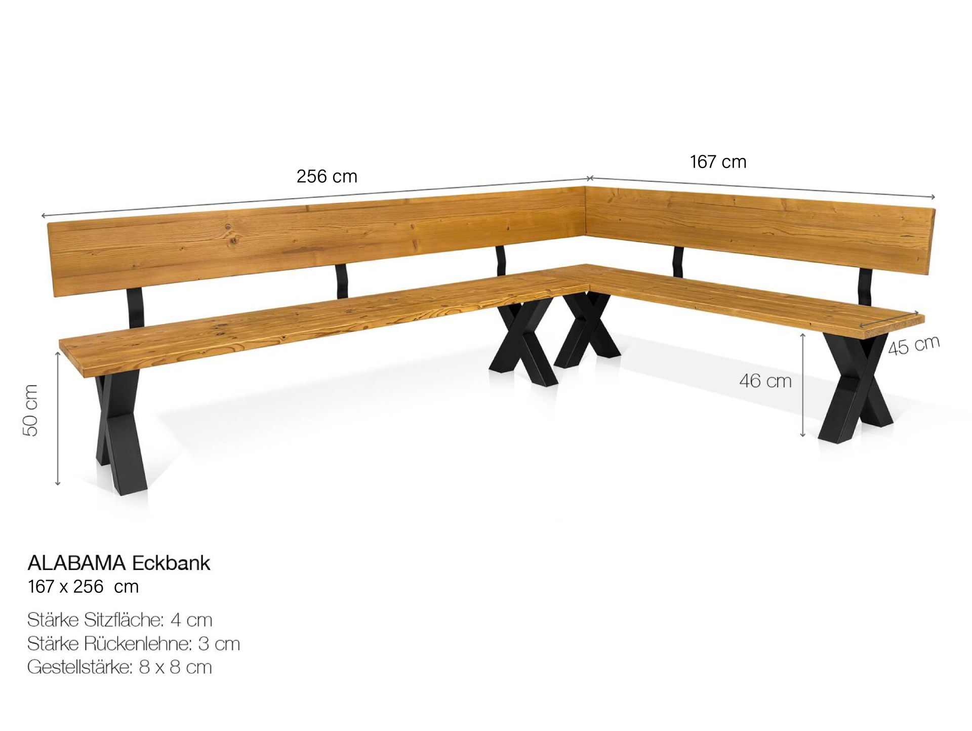 ALABAMA Eckbank mit X-Beinen, Altholzoptik, Material Massivholz, THERMO-Fichte lackiert 167 x 256 cm | natur