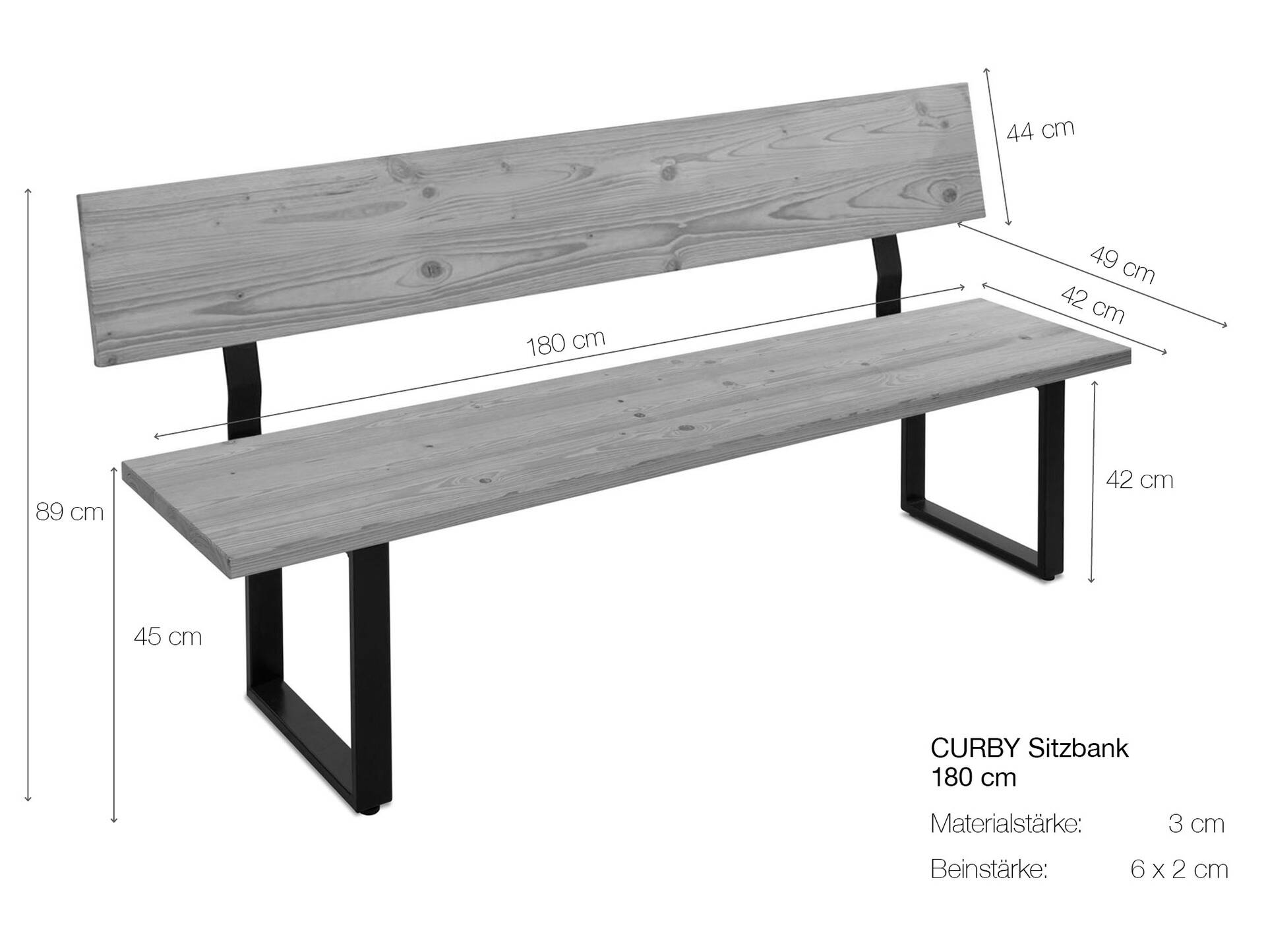 CURBY Sitzbank, rustikale Altholzoptik, Material Massivholz, Fichte gebürstet 180 cm | vintage | mit Rückenlehne | ohne Sitzkissen
