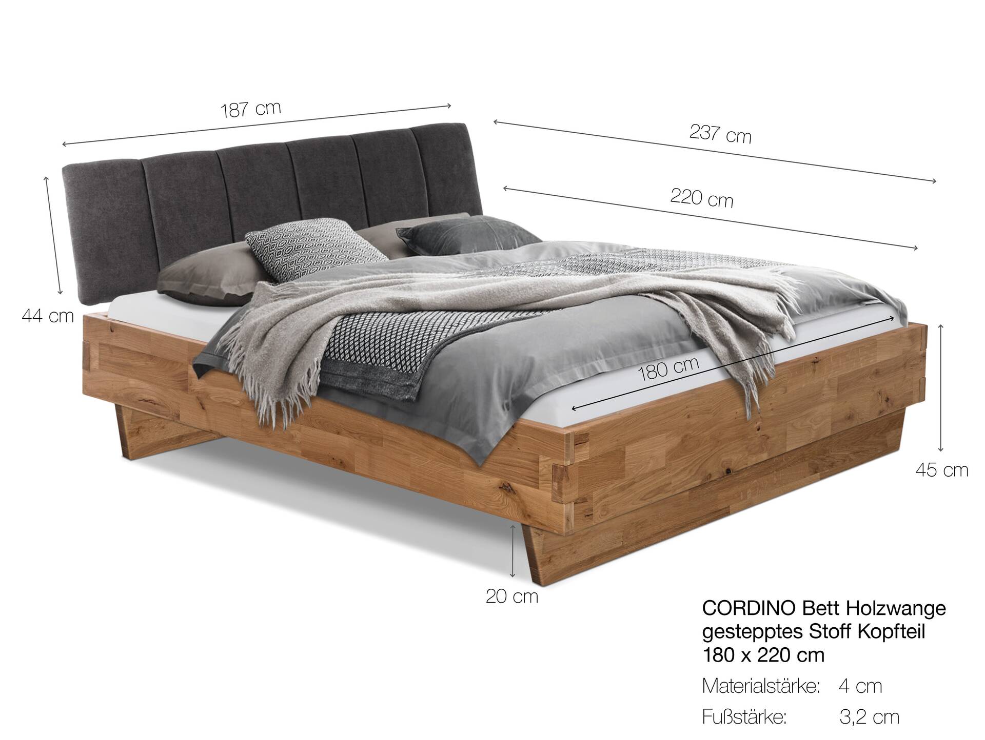 CORDINO Wangenbett aus Eiche mit Polsterkopfteil, Material Massivholz 180 x 220 cm | Eiche unbehandelt | Stoff Anthrazit mit Steppung | gebürstet