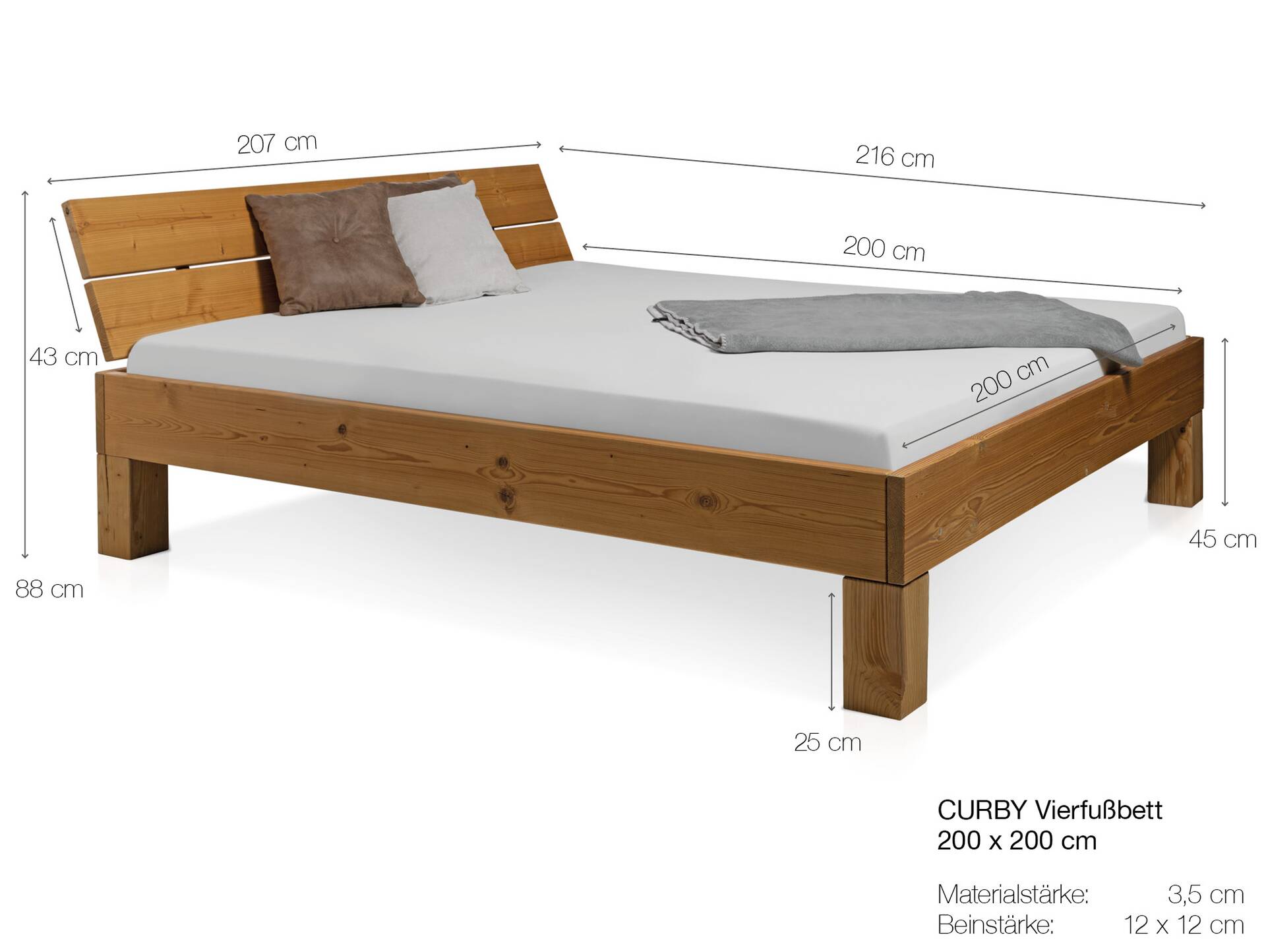 CURBY 4-Fuß-Bett mit Kopfteil, Material Massivholz, rustikale Altholzoptik, Fichte 200 x 200 cm | natur | Standardhöhe